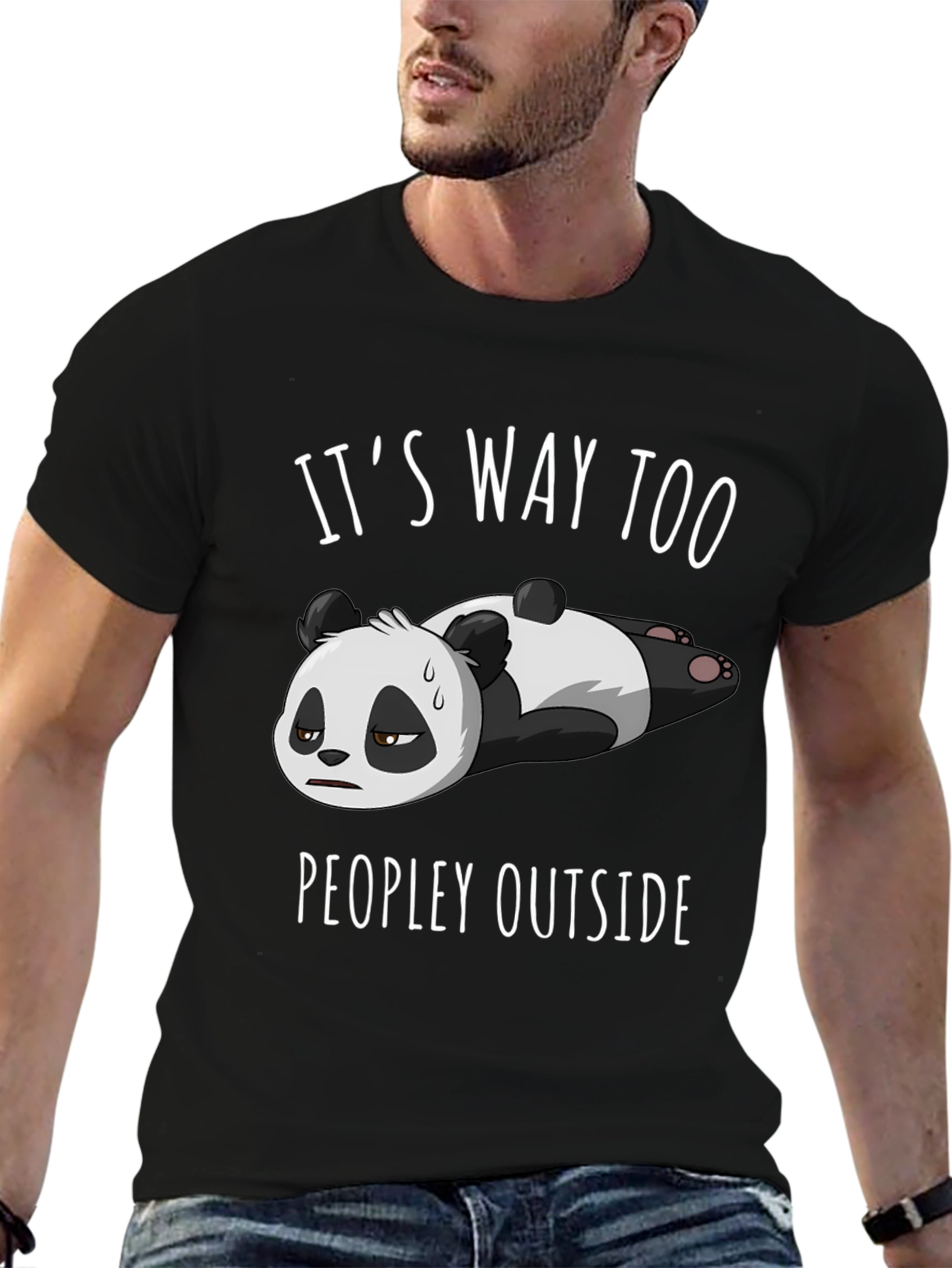 Black Funny Panda T-Shirt: "It's Way Too Peopley Outside" view 6