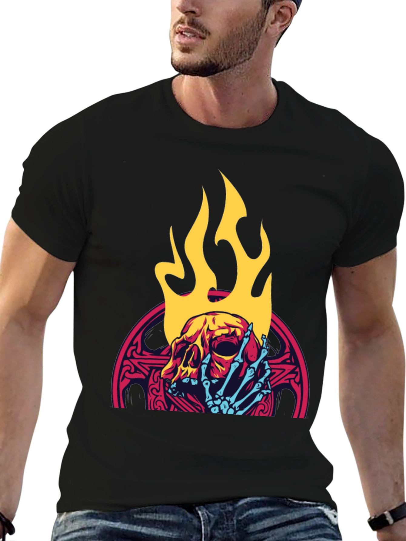 Black Skull & Flames Graphic Tee - Cool & Edgy view 6