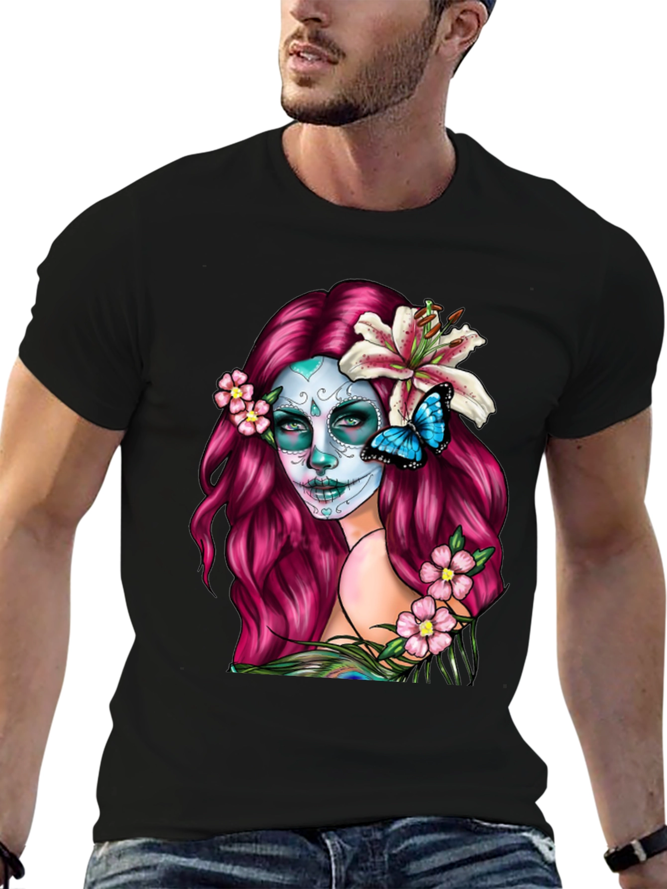 Black Sugar Skull Woman Graphic T-Shirt - Day of the Dead view 6