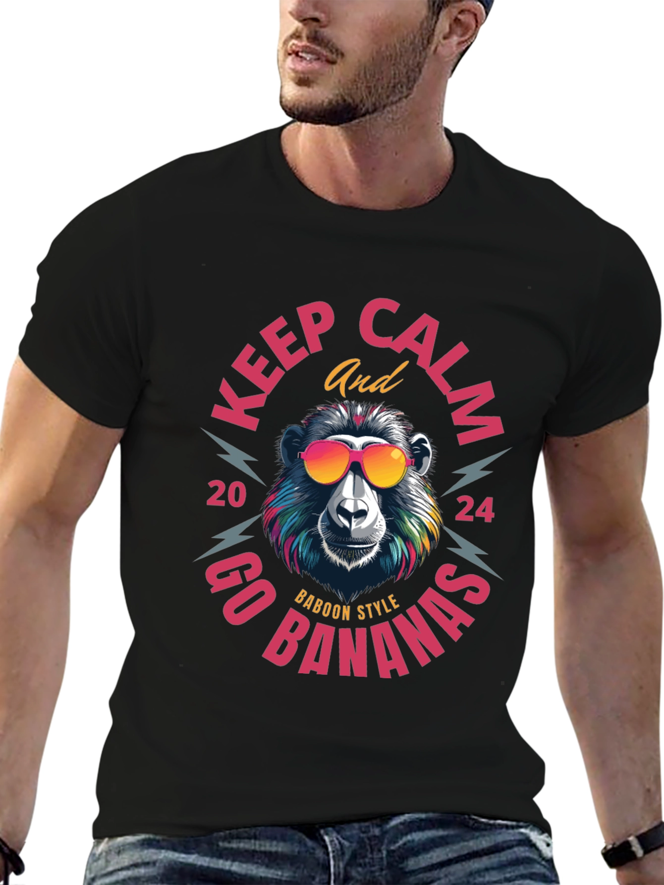 Black Keep Calm Baboon Style T-Shirt view 6
