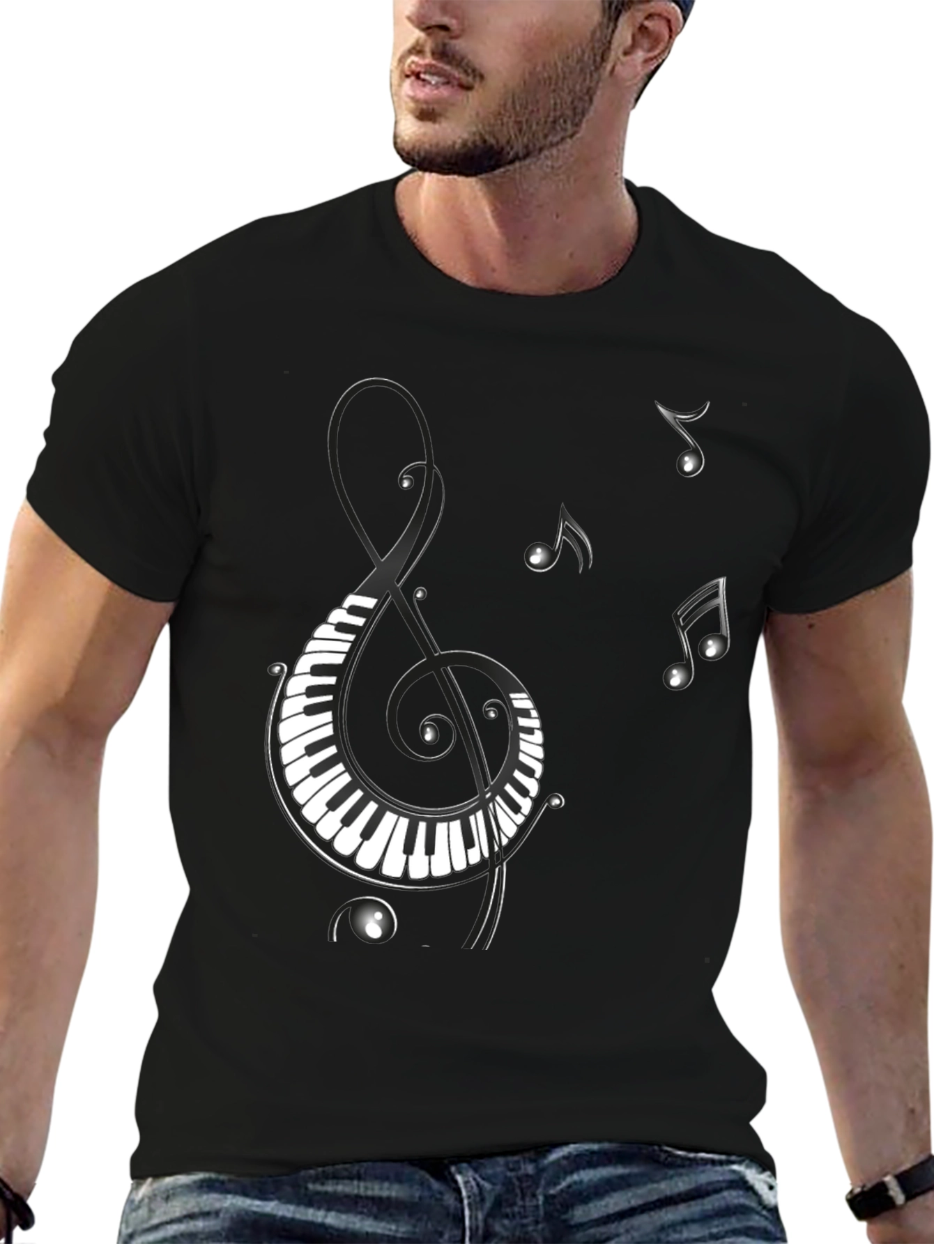 Black Musical Notes Piano Treble Clef Graphic T-Shirt view 6