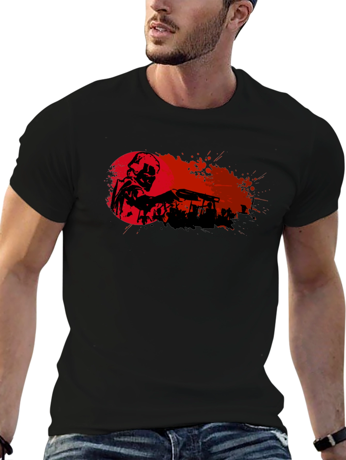 Black Graphic Print T-Shirt - Skull with Gun view 6