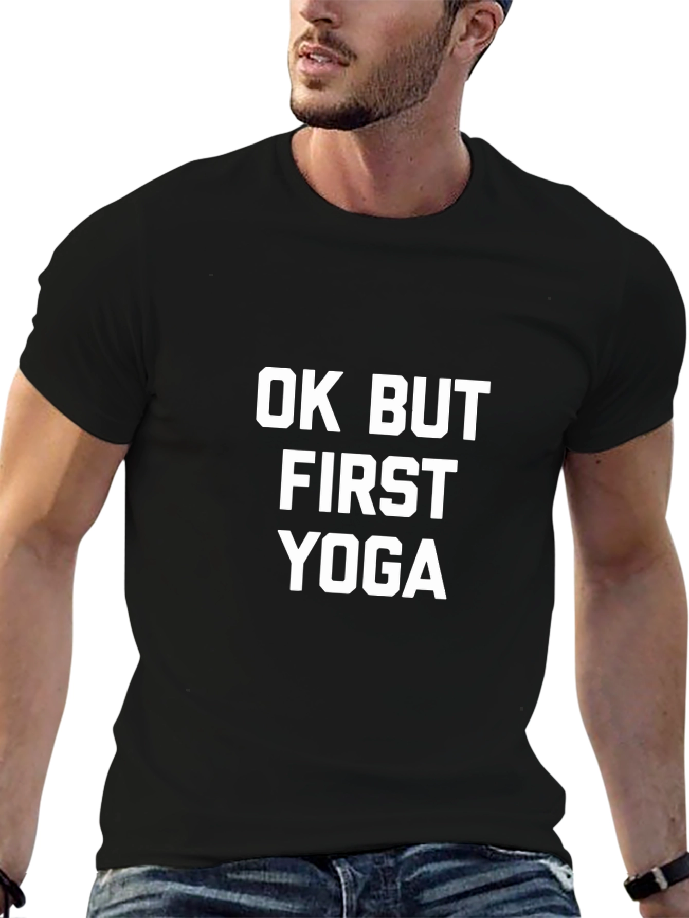 Black OK But First Yoga Graphic Tee - Black Cotton T-Shirt view 6