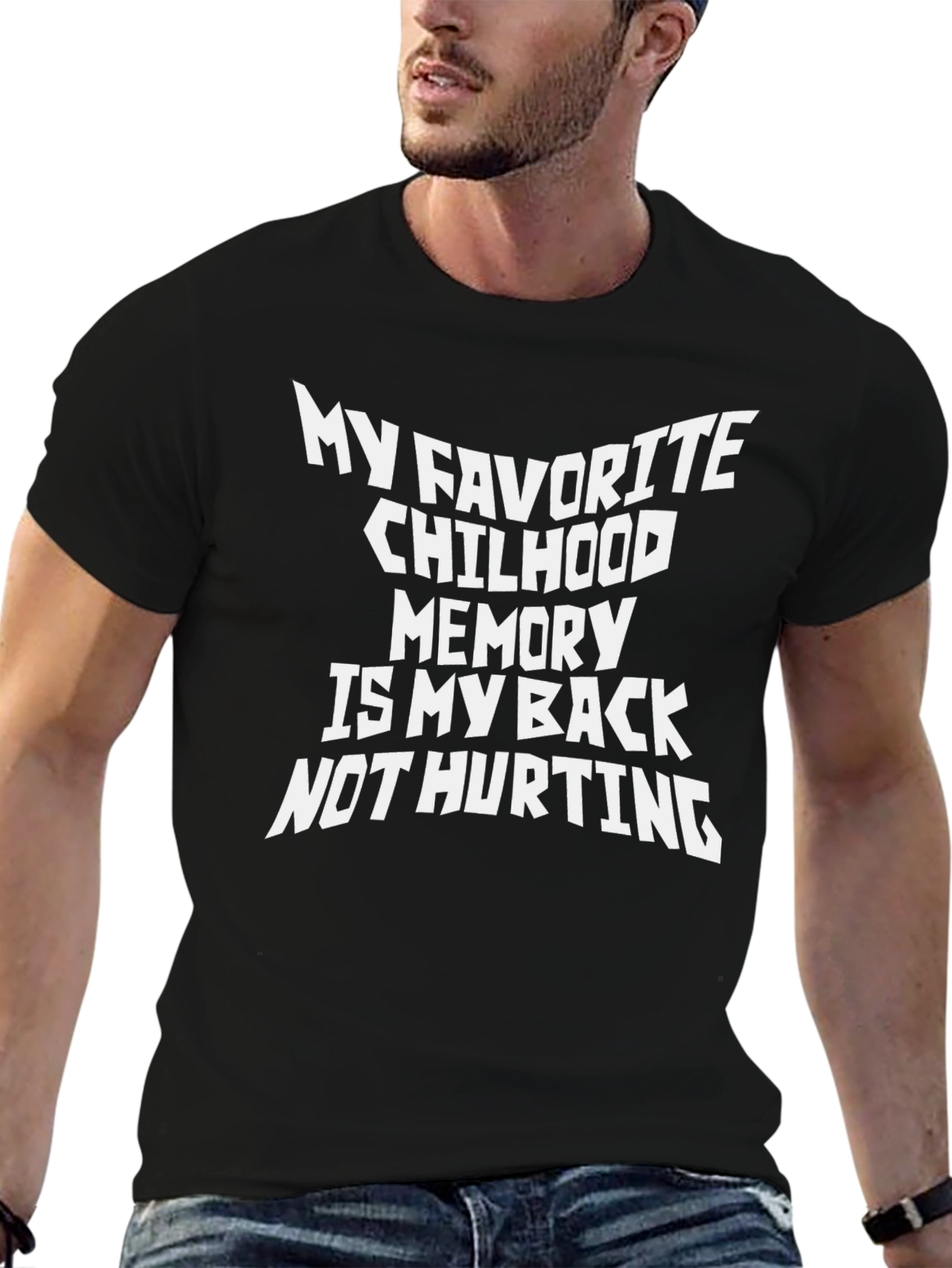 Black Funny Back Pain T-Shirt - Favorite Childhood Memory view 6