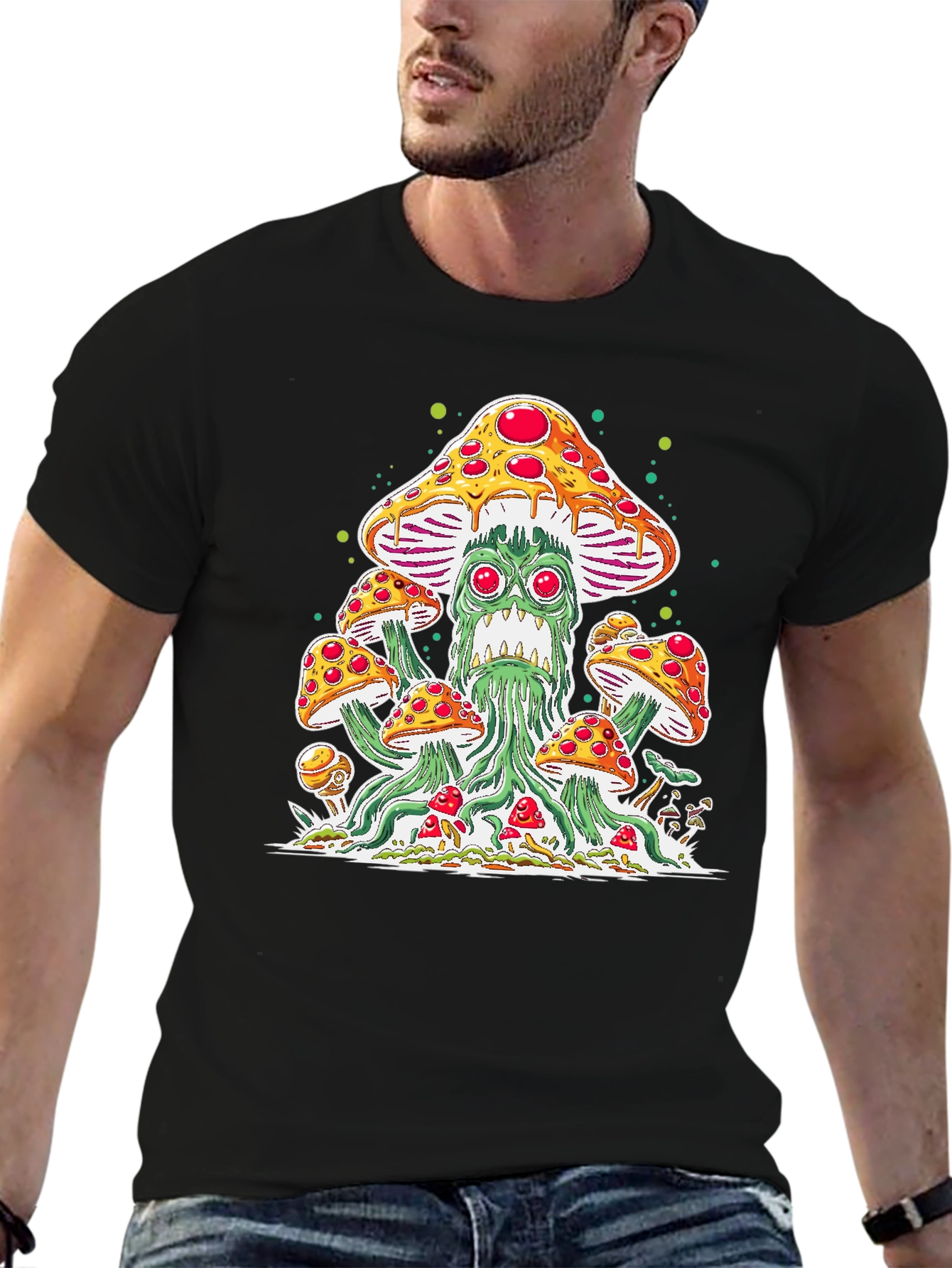 Black Pizza Mushroom Graphic Tee - Funky Unisex T-Shirt view 6