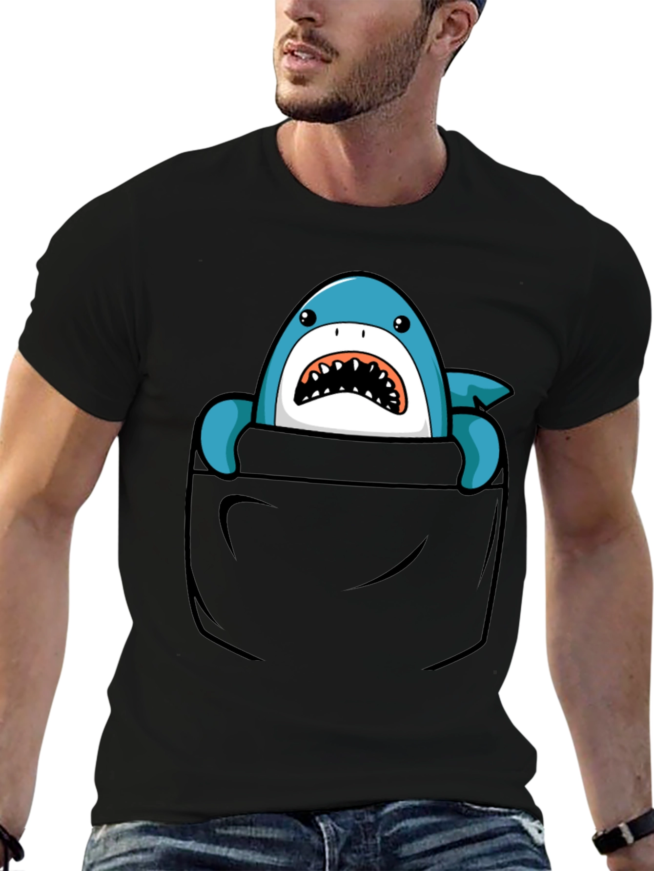 Black Shark Pocket T-Shirt - Fun Graphic Tee for Men view 6