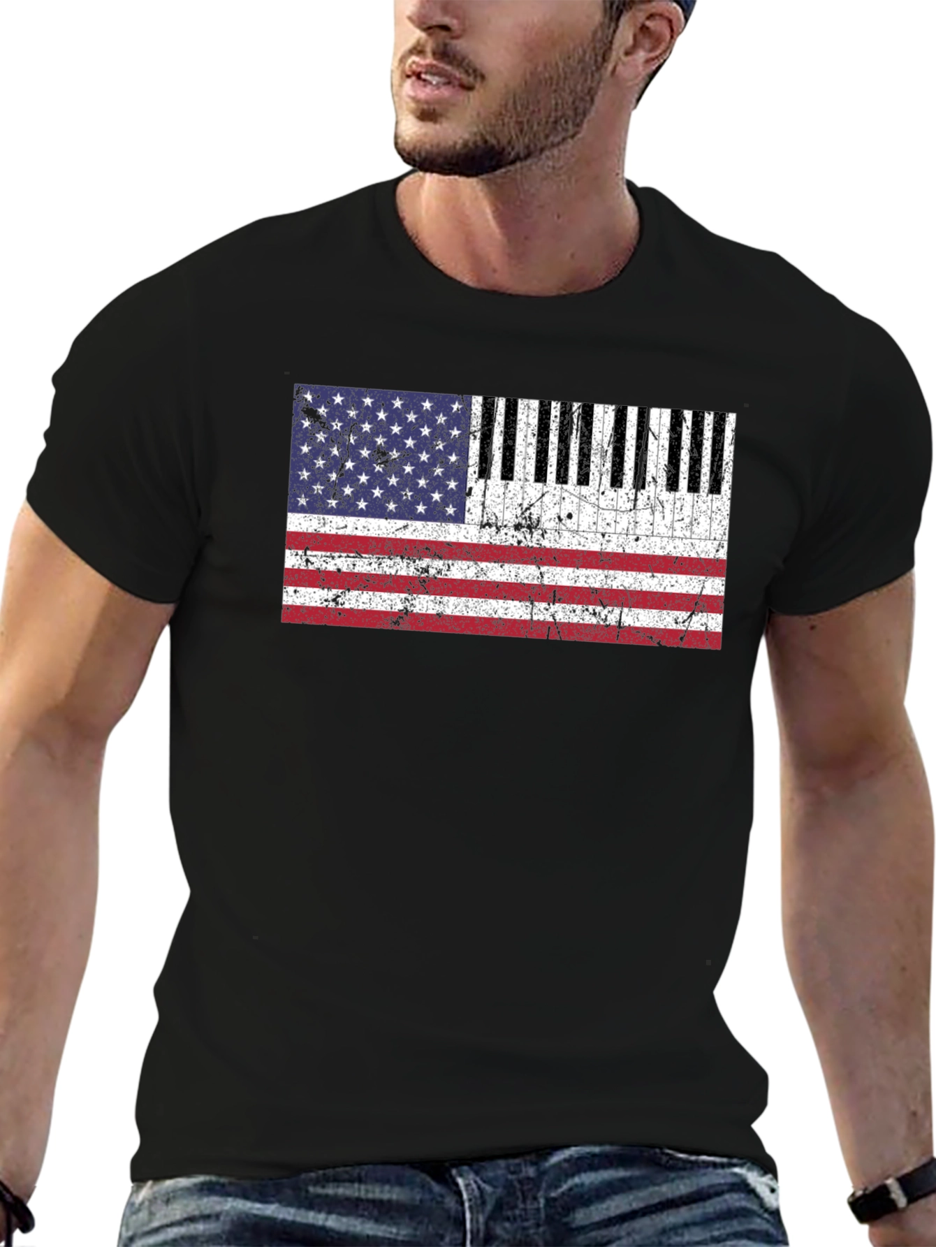 Black Piano Keys American Flag Graphic T-Shirt view 6