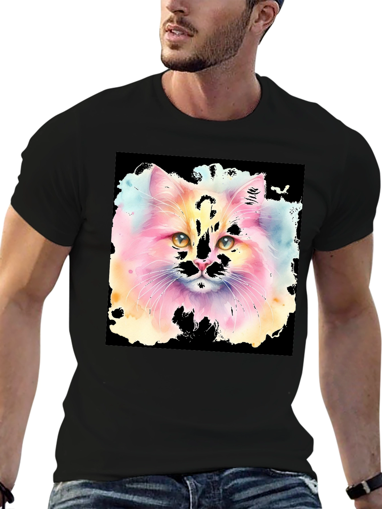 Black Watercolor Cat Graphic Tee - Black Cotton T-Shirt view 6
