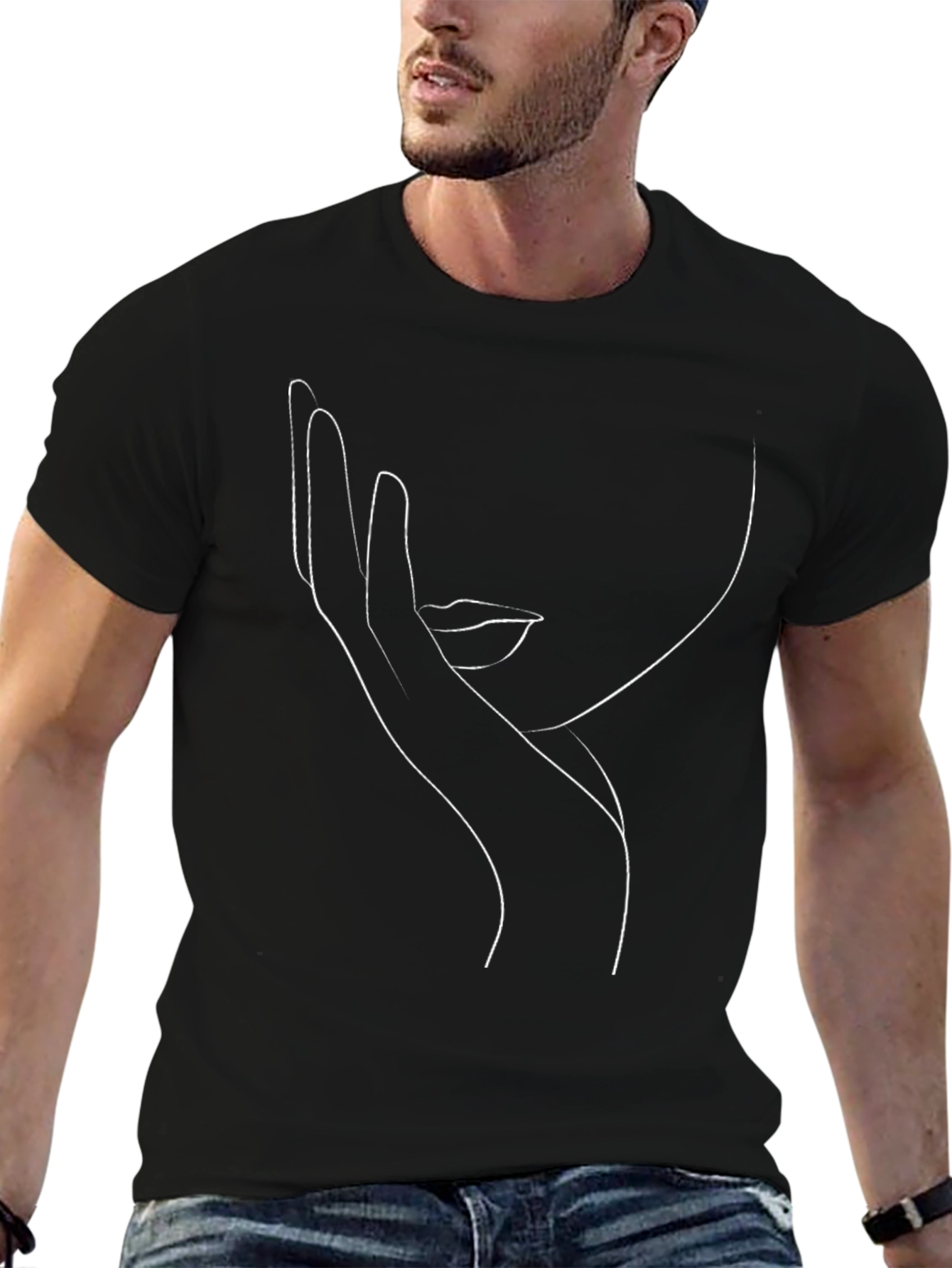 Black Minimalist Face Line Art Black T-Shirt view 6