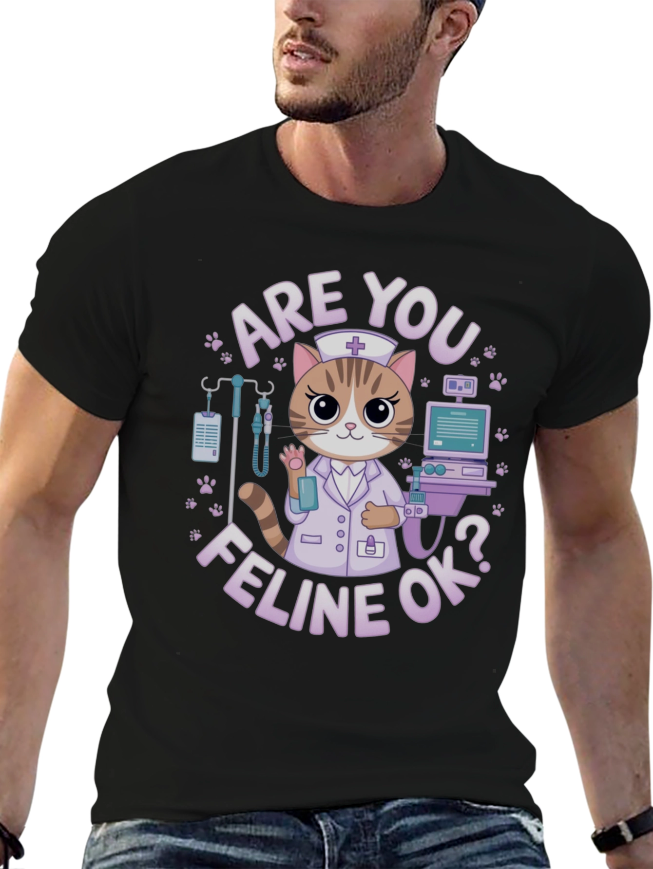 Black Are You Feline Ok? T-Shirt view 6