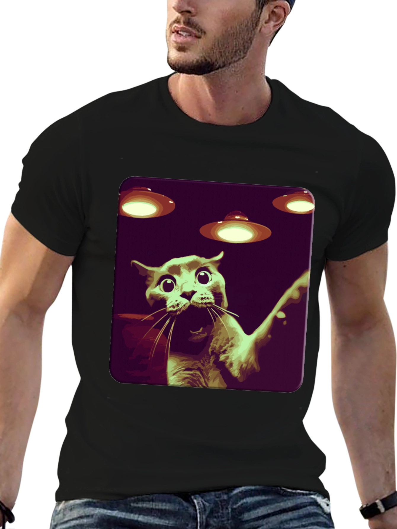 Black Alien Cat Abduction Graphic Tee - Black view 6