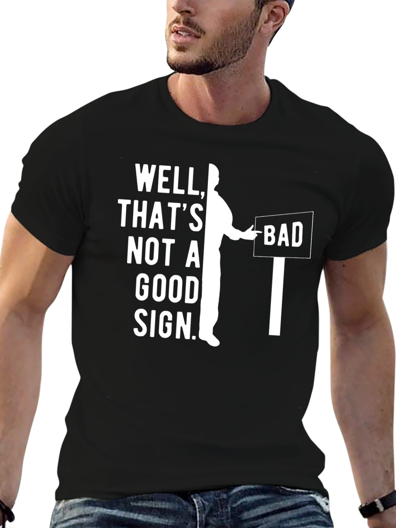 Black Funny "Bad Sign" Graphic Tee - Mens Novelty T-Shirt view 6