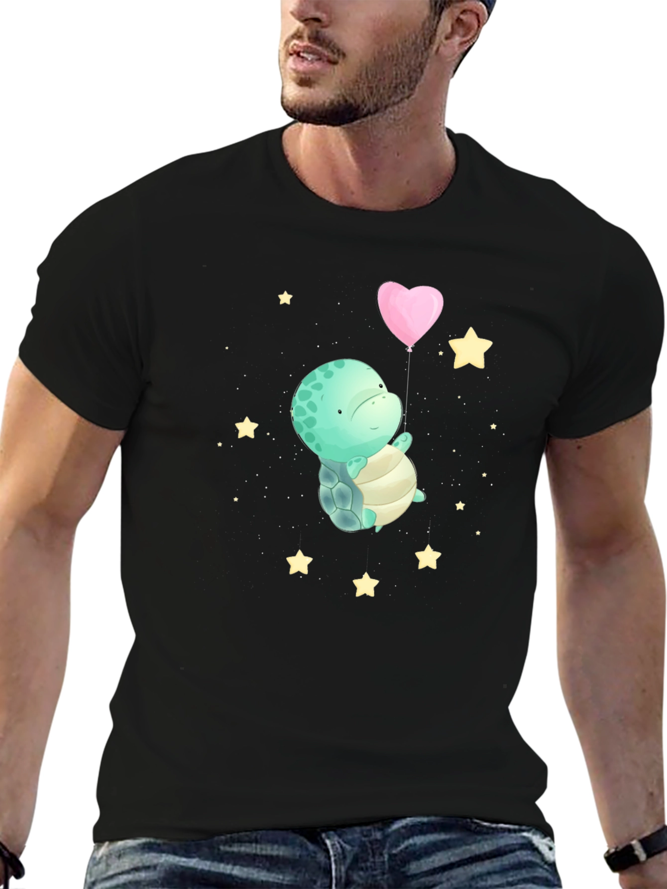 Black Cute Turtle Heart Balloon Graphic T-Shirt view 6