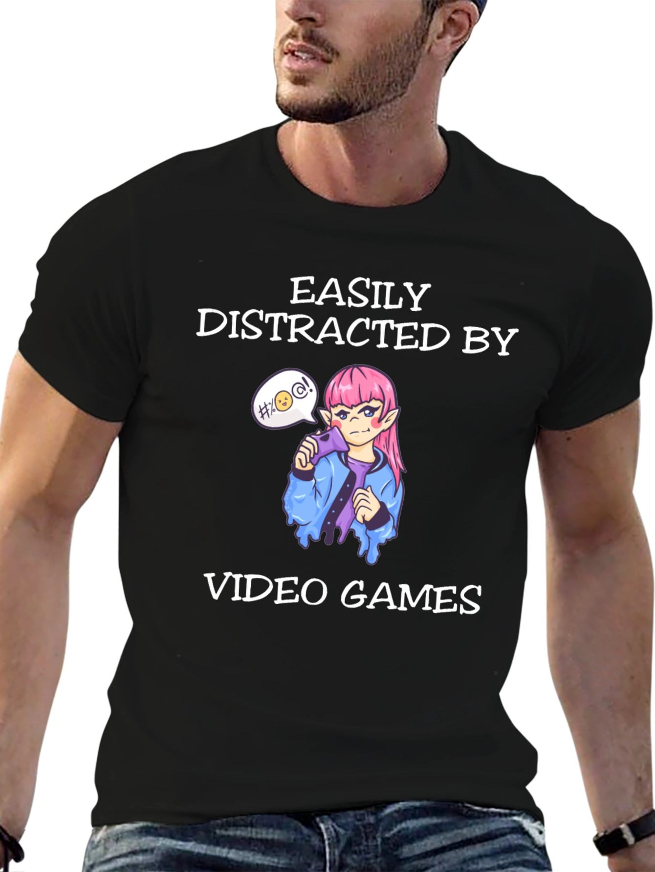 Black Easily Distracted by Video Games Black T-Shirt view 6