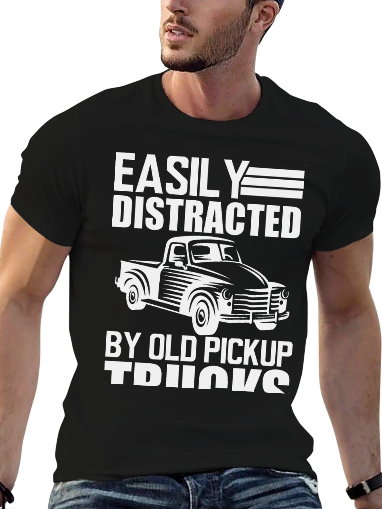 Black Easily Distracted Old Pickup Trucks T-Shirt view 6