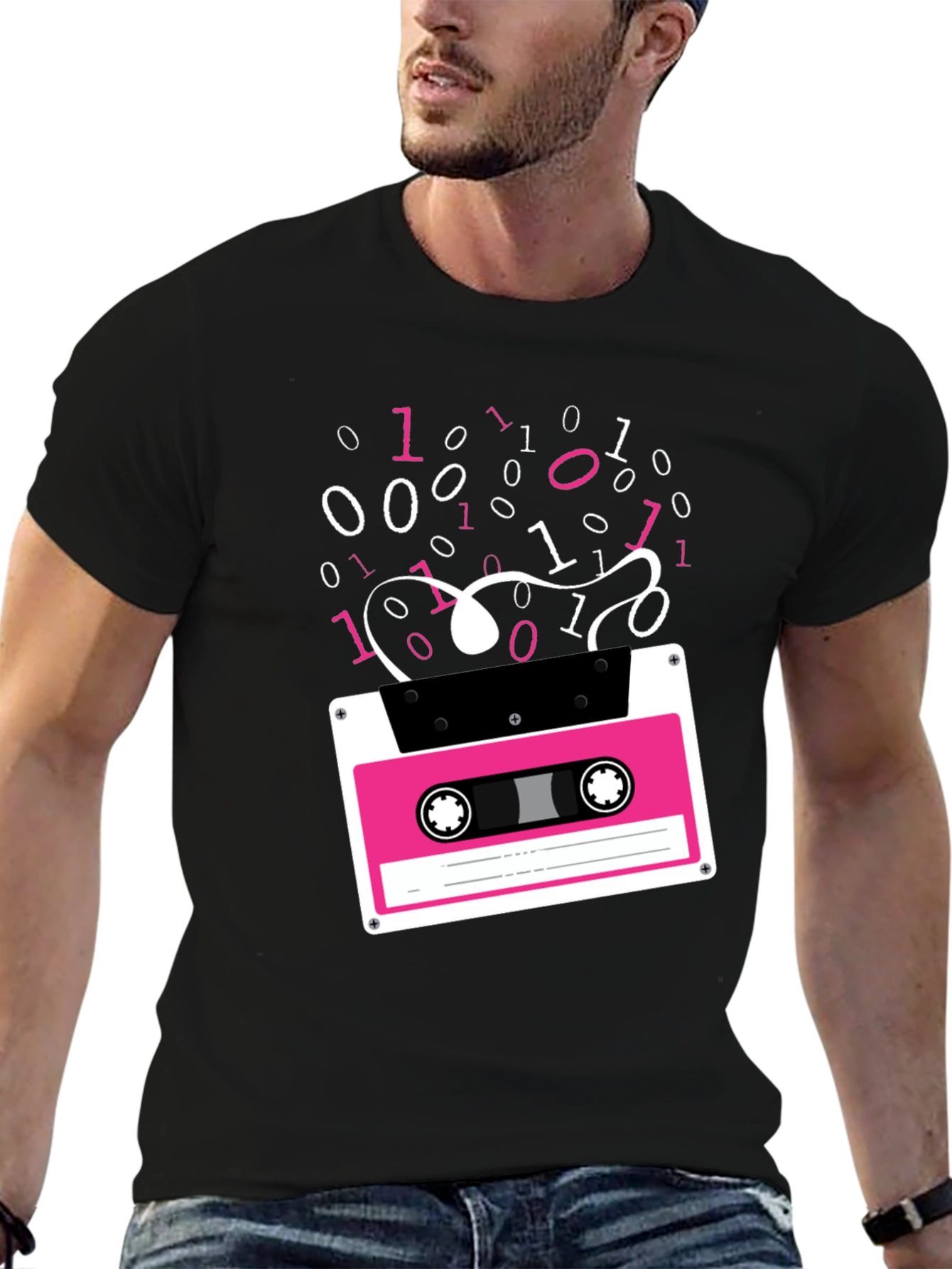 Black Retro Cassette Tape Binary Code Graphic Tee view 6