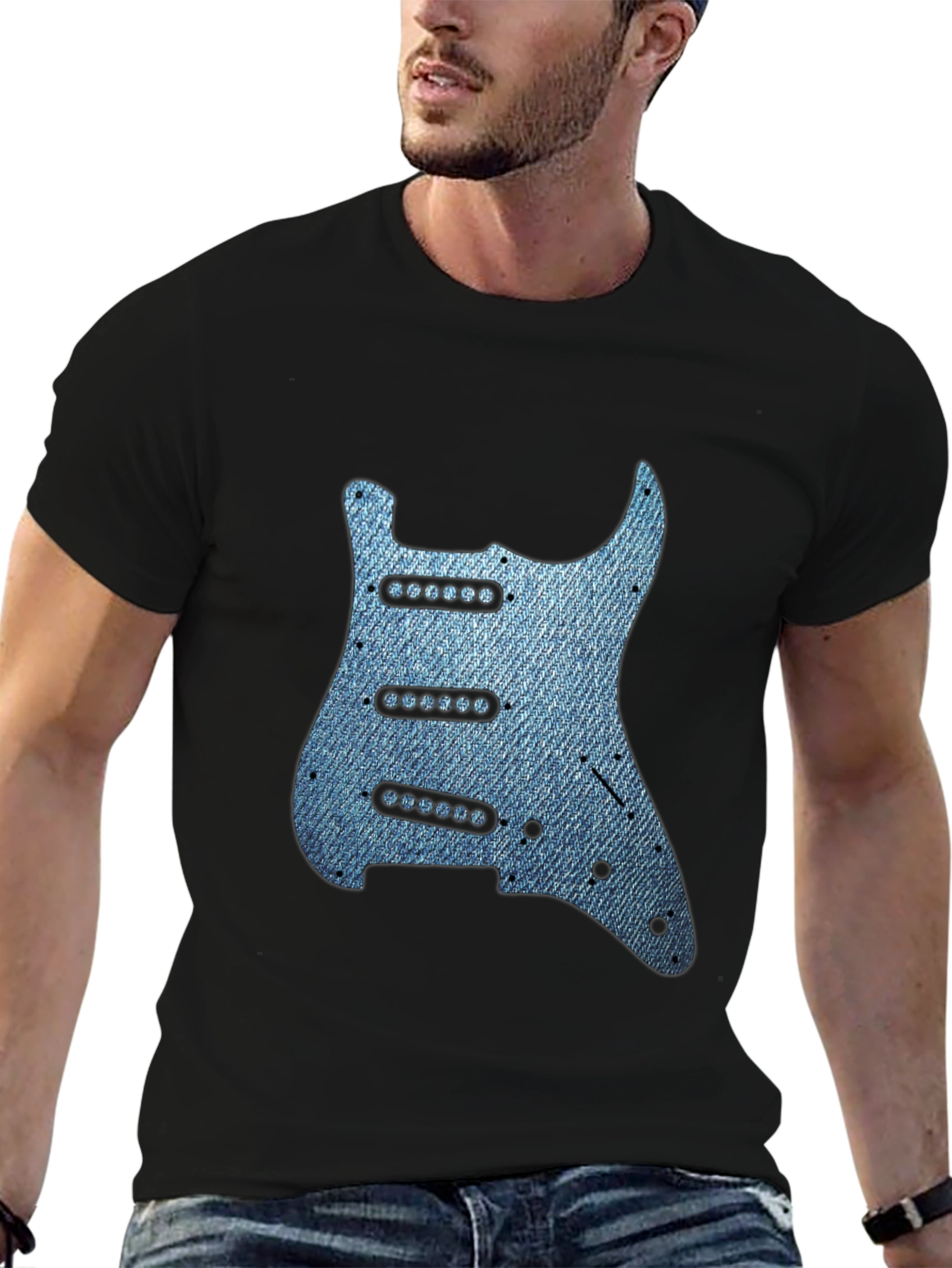Black Guitar Pickguard Denim T-Shirt view 6