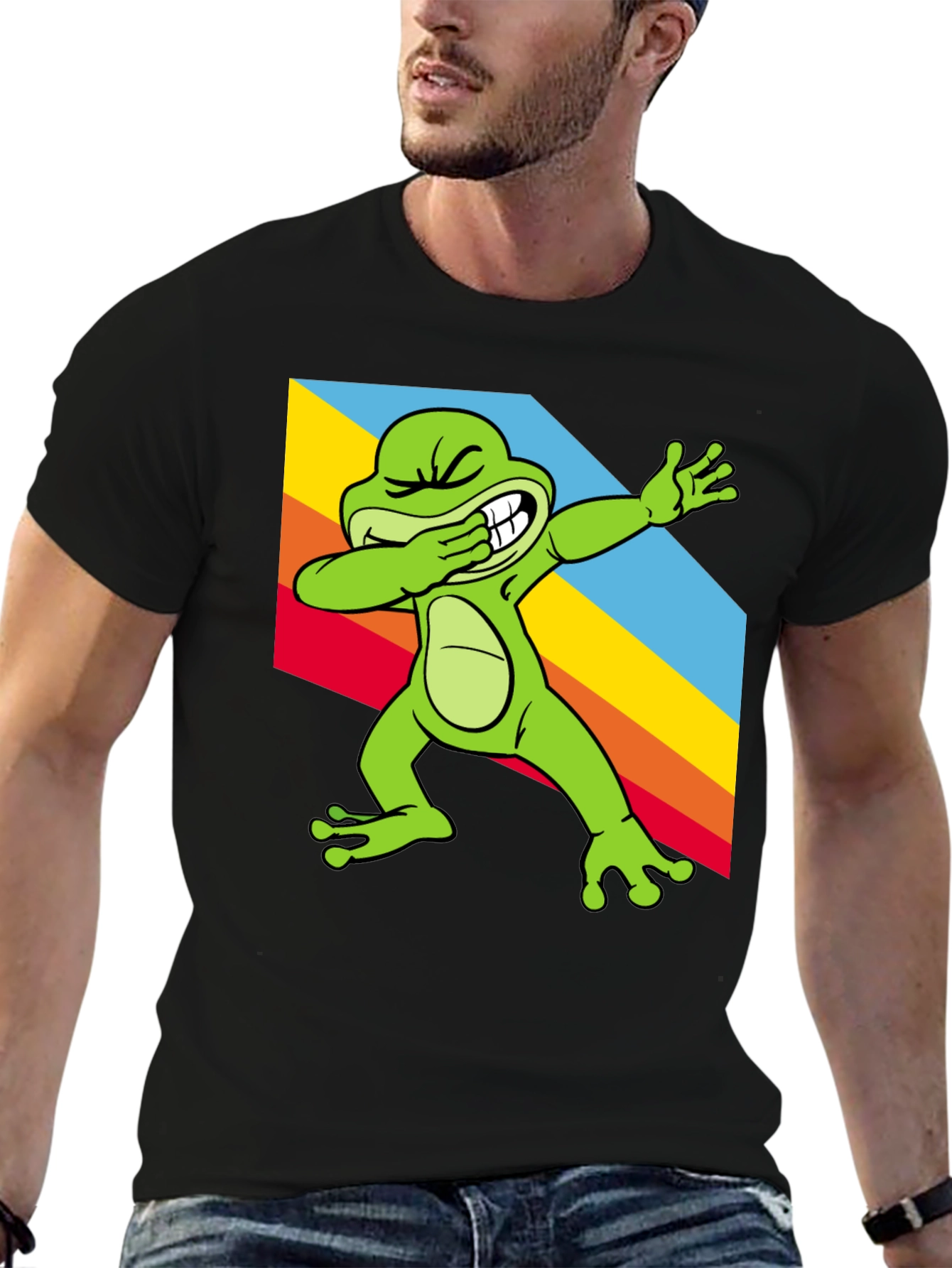 Black Dabbing Frog Tee - Rainbow Dab Cool Graphic T-Shirt view 6