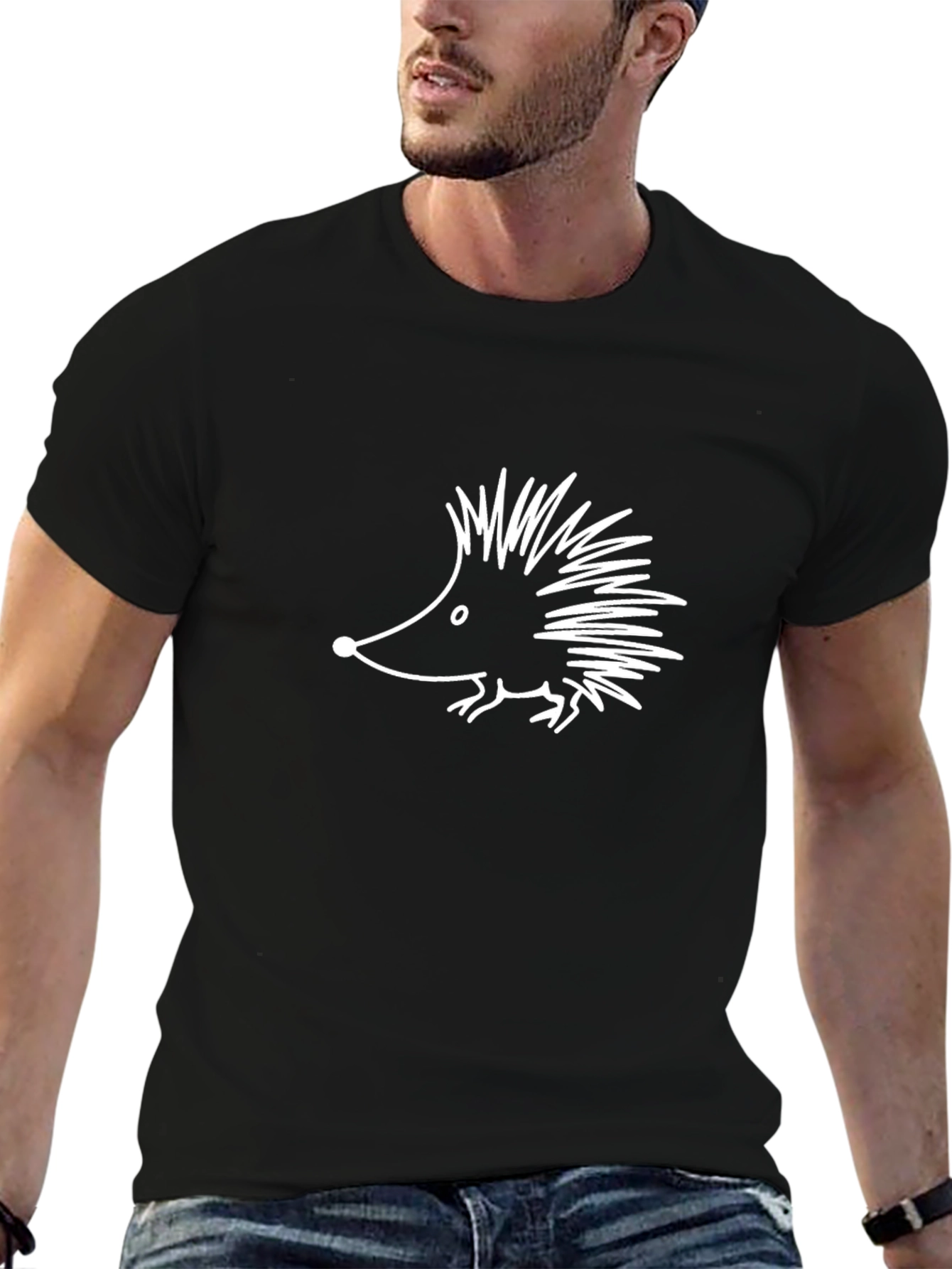 Black Cute Hedgehog Graphic Tee - Black Cotton Comfort view 6