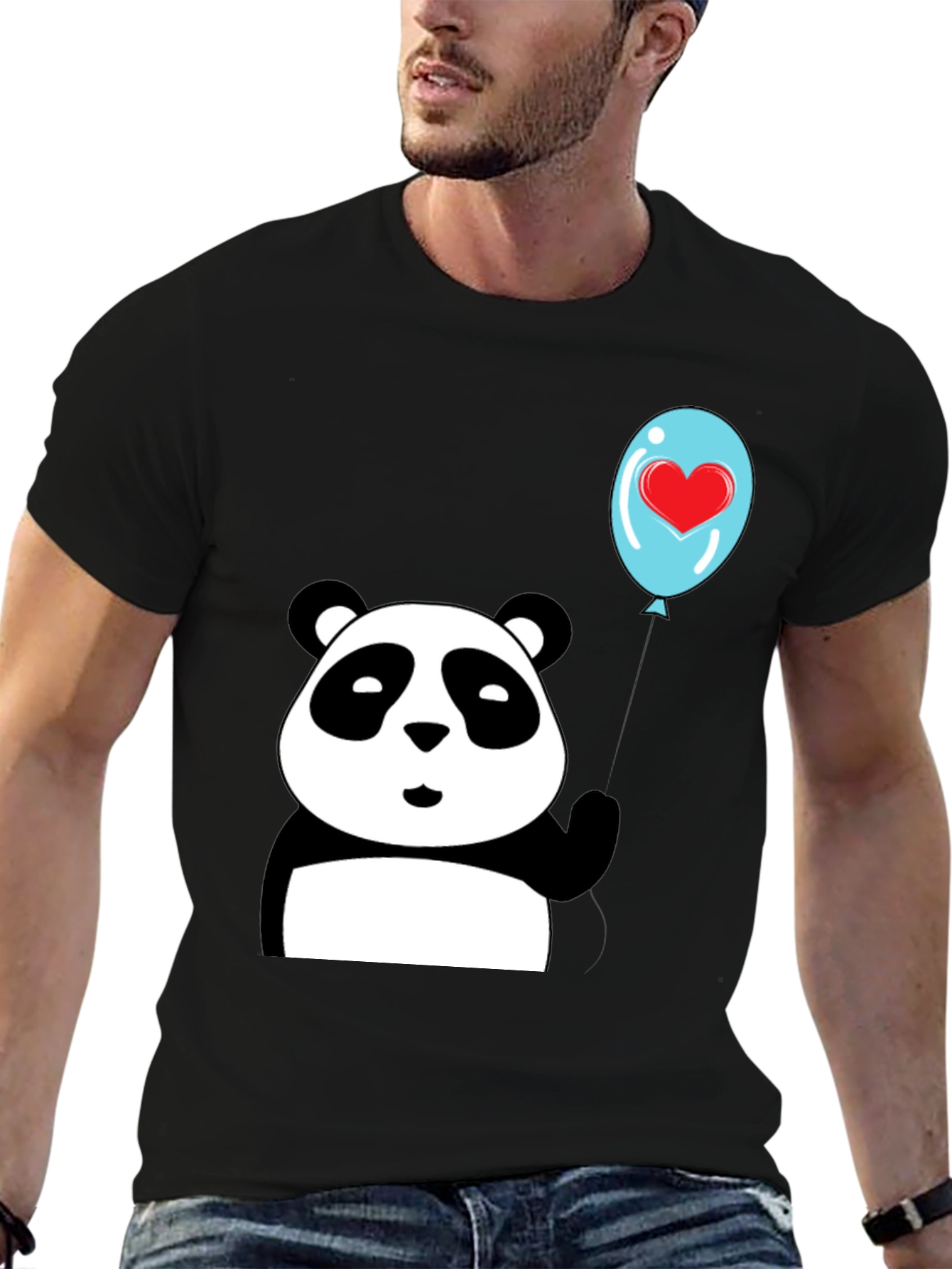 Black Cute Panda with Heart Balloon Graphic Tee view 6