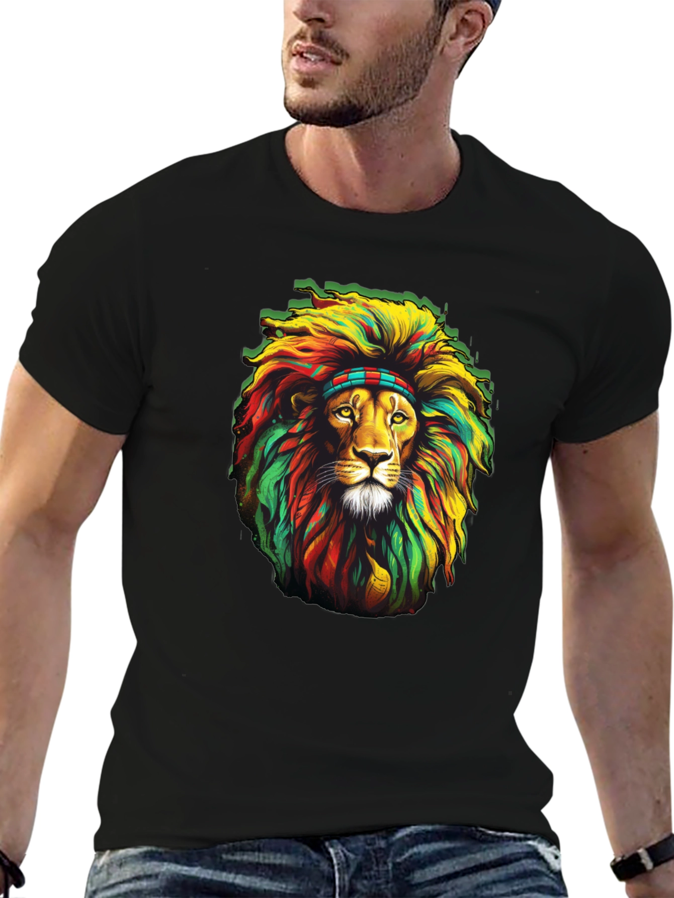 Black Rasta Lion Graphic T-Shirt - Black view 6
