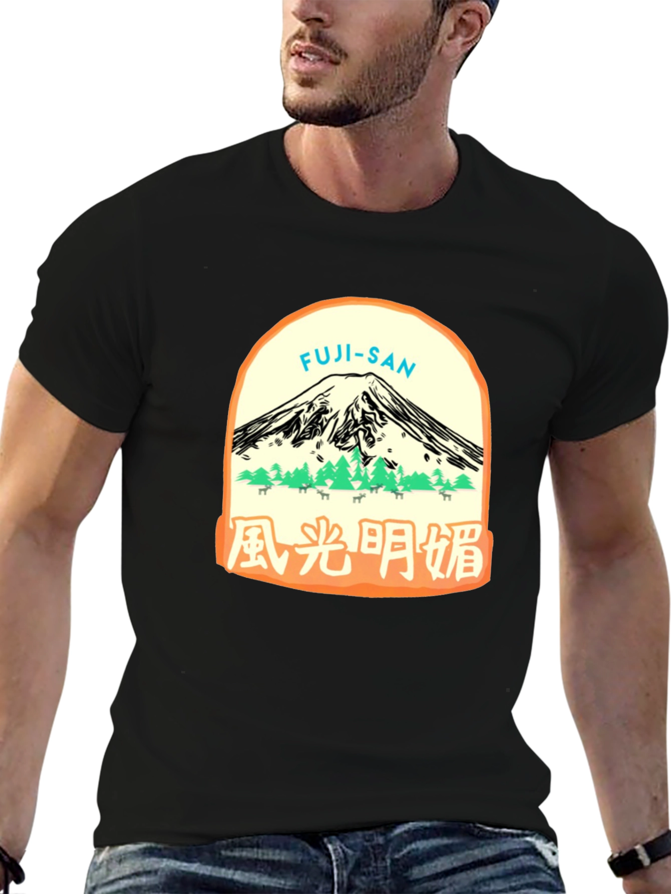 Black Fuji-San Graphic Tee - Black Cotton T-Shirt view 6