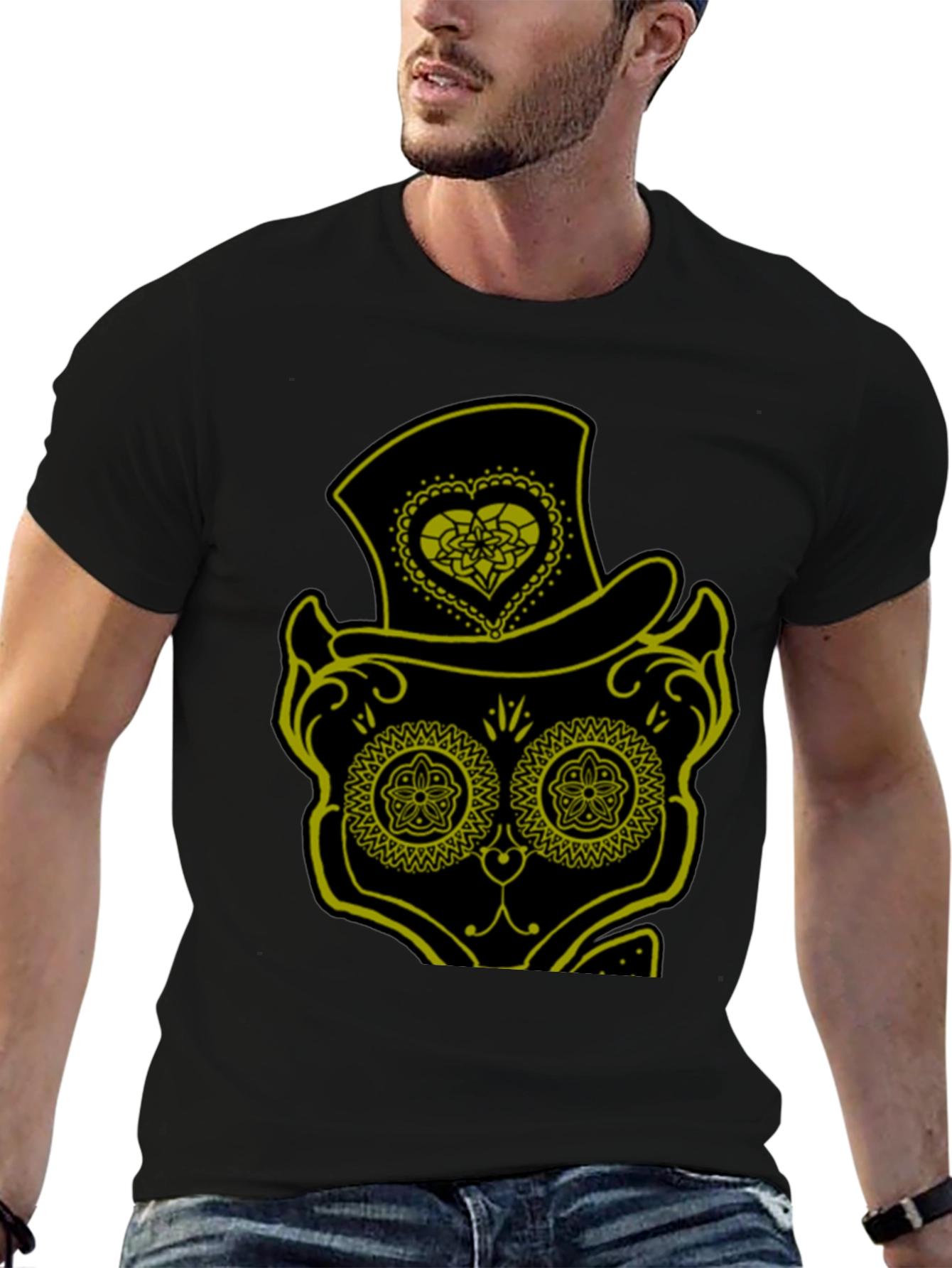 Black Sugar Skull Cat Tee - Men's Black T-Shirt view 6