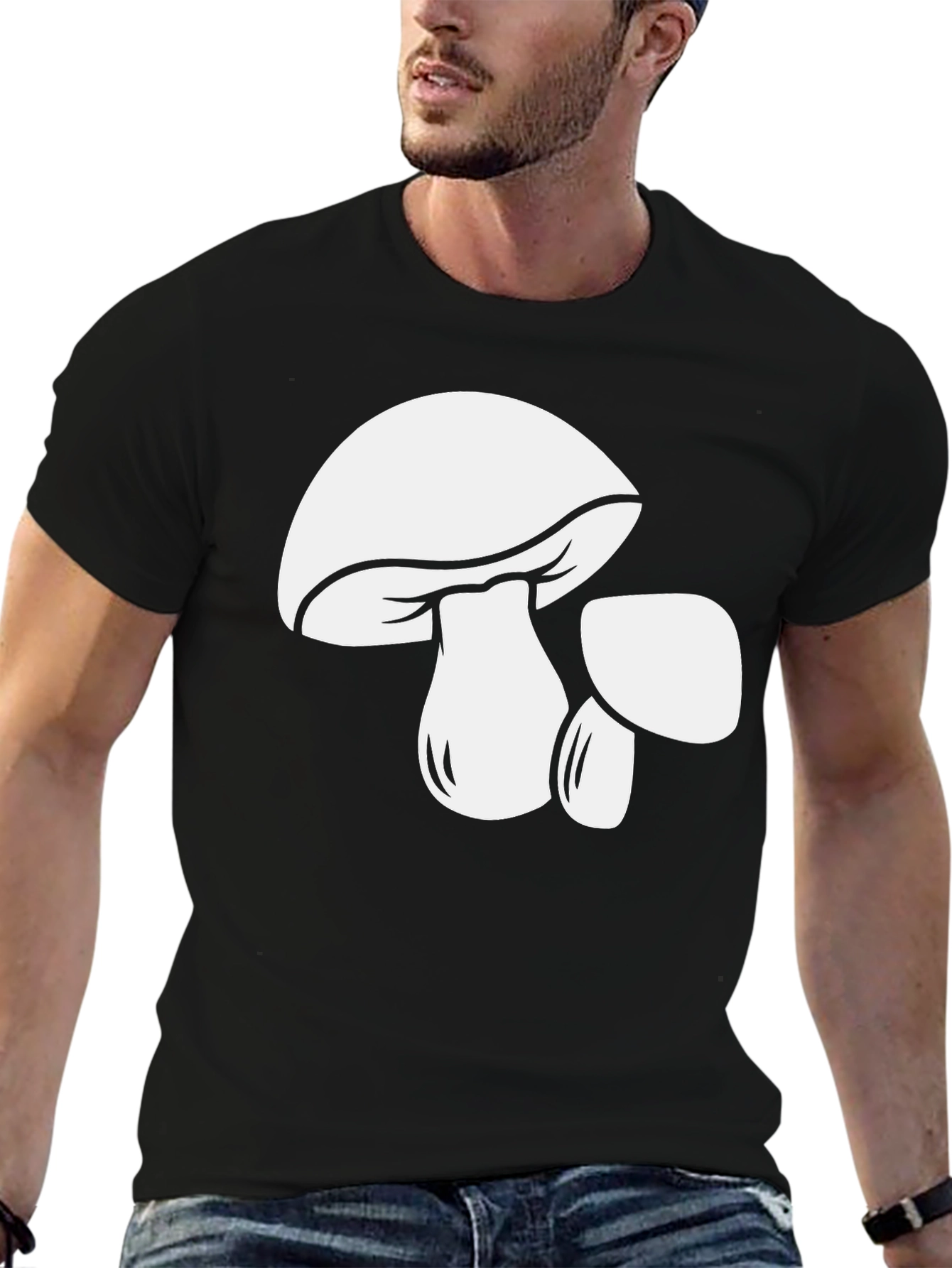 Black Mushroom Graphic Tee - Bold Black Cotton T-Shirt view 6