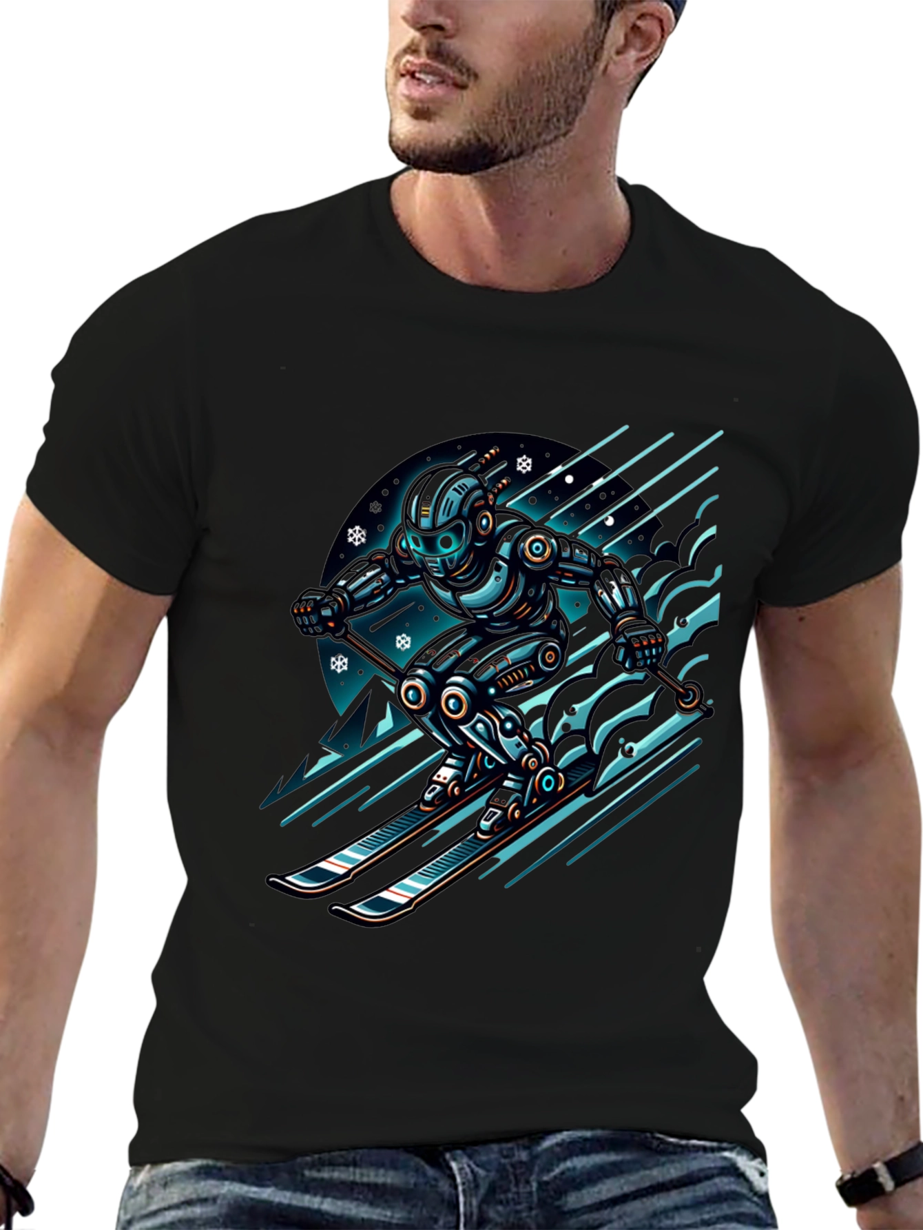 Black Robot Skier Graphic Tee - Black Cotton T-Shirt view 6