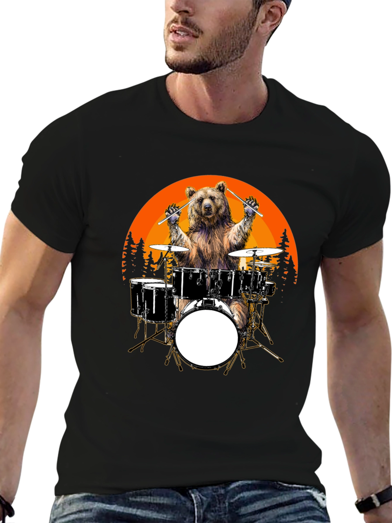 Black Bear Drummer T-Shirt - Sunset Design, Unique Graphic Tee view 6