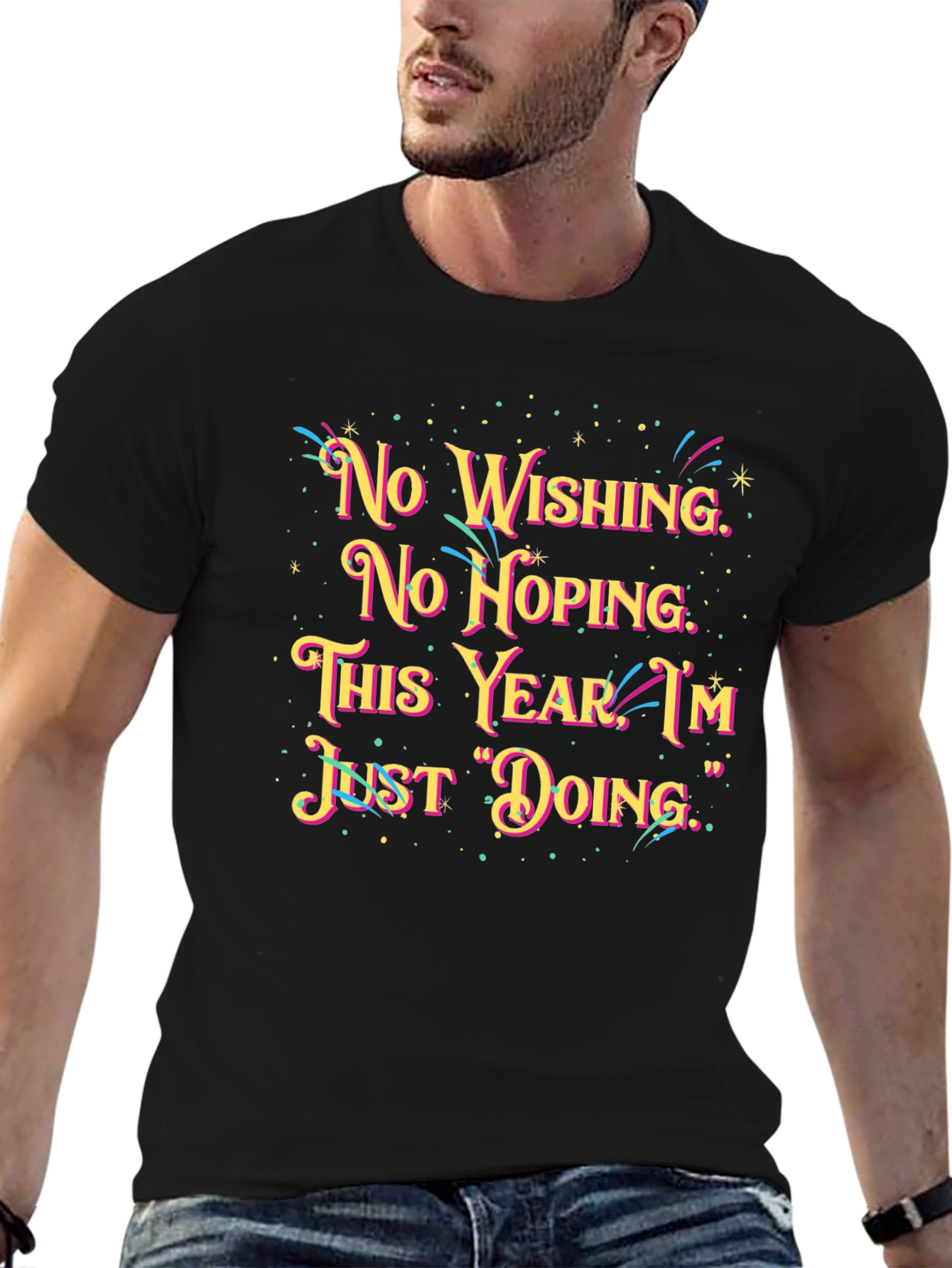 Black No Wishing Just Doing Graphic Tee view 6