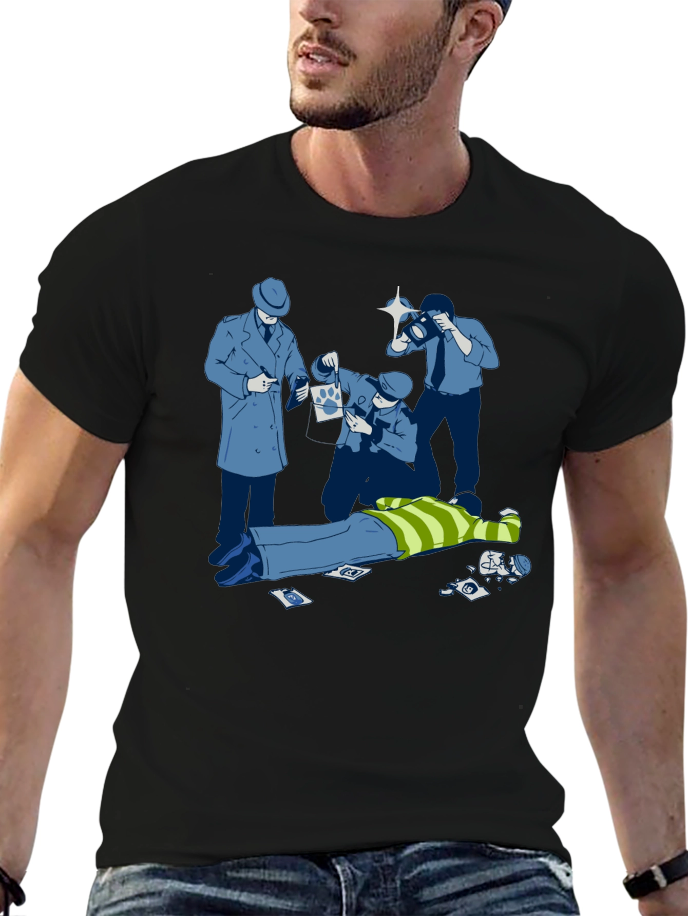 Black Cartoon Crime Scene Black T-Shirt view 6