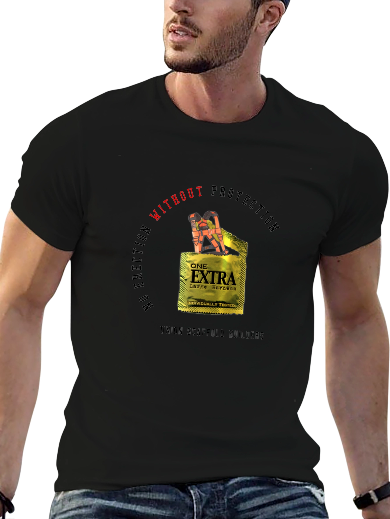 Black Humorous "No Erection Without Protection" T-Shirt view 6