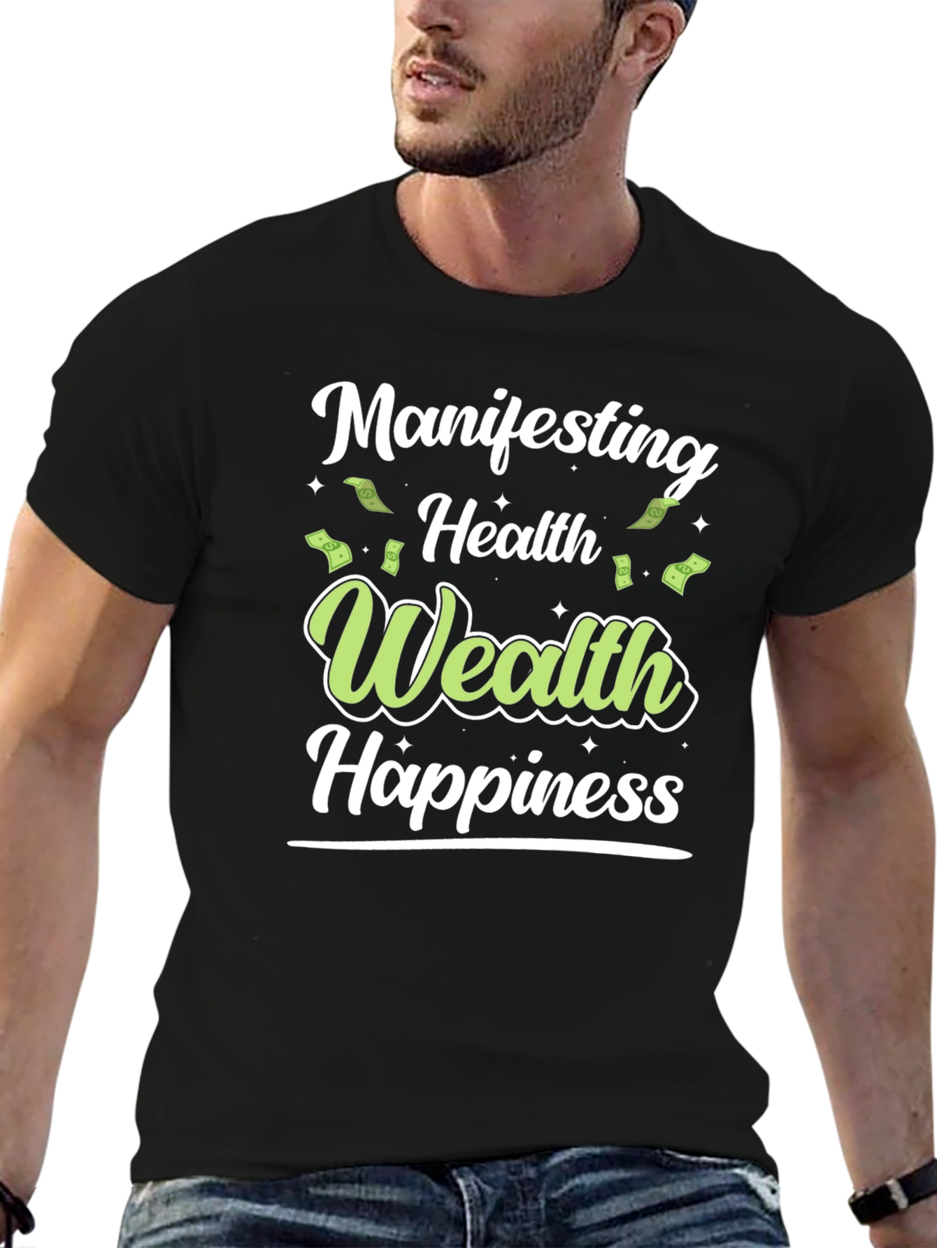 Black Manifesting Health Wealth Happiness Black T-Shirt view 6