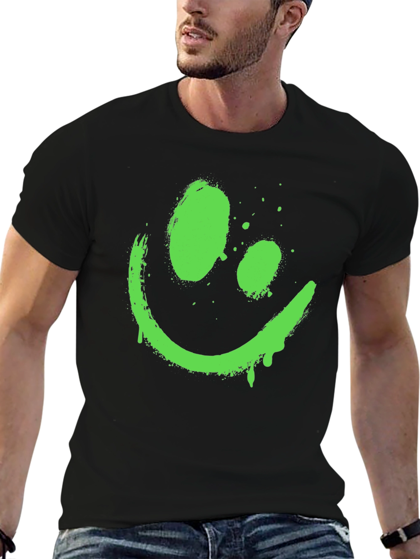 Black Neon Green Smiley Face Graphic Black T-Shirt view 6