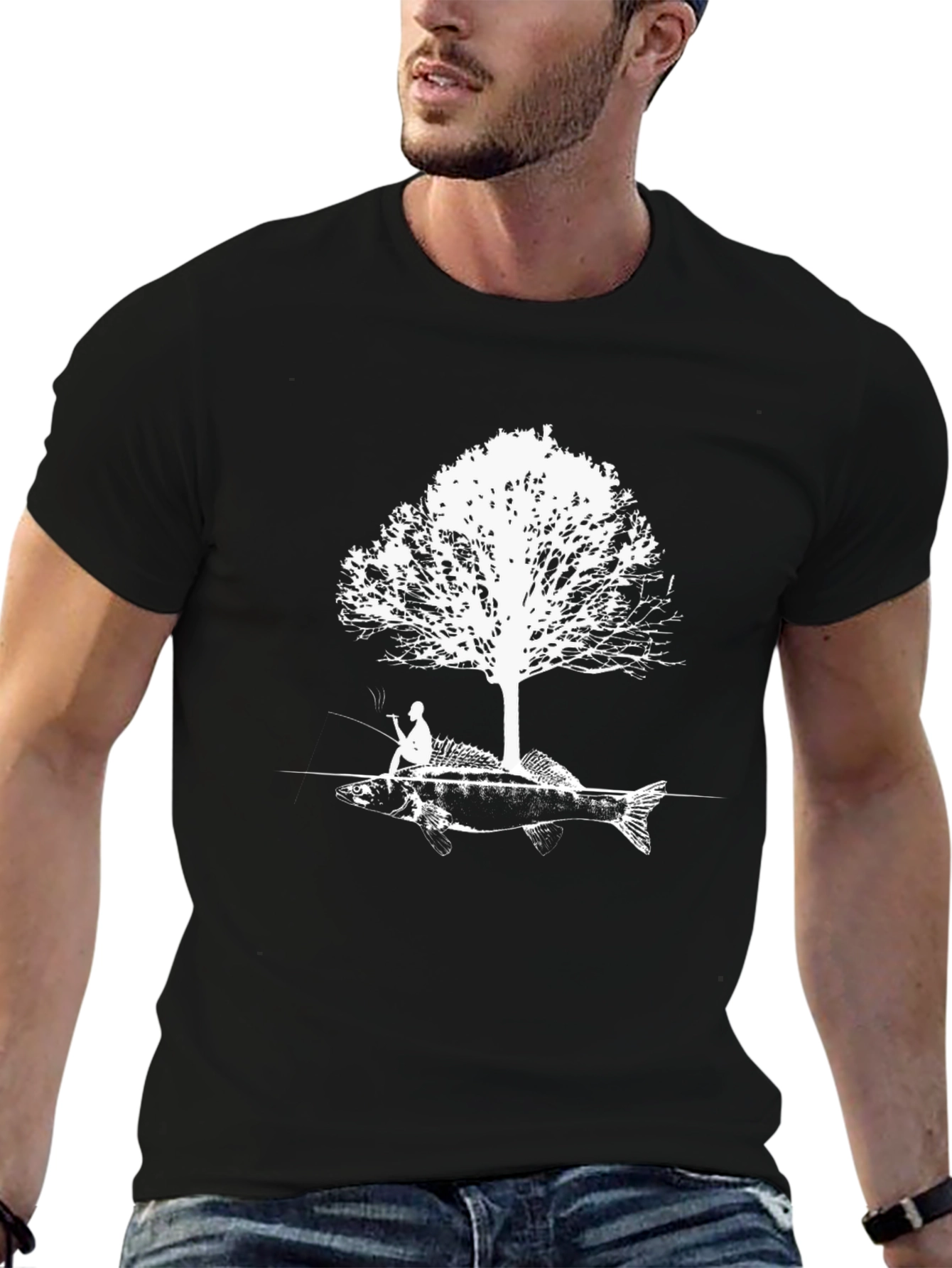 Black Fishing Tee: Fisherman Tree Fish Graphic T-Shirt view 6