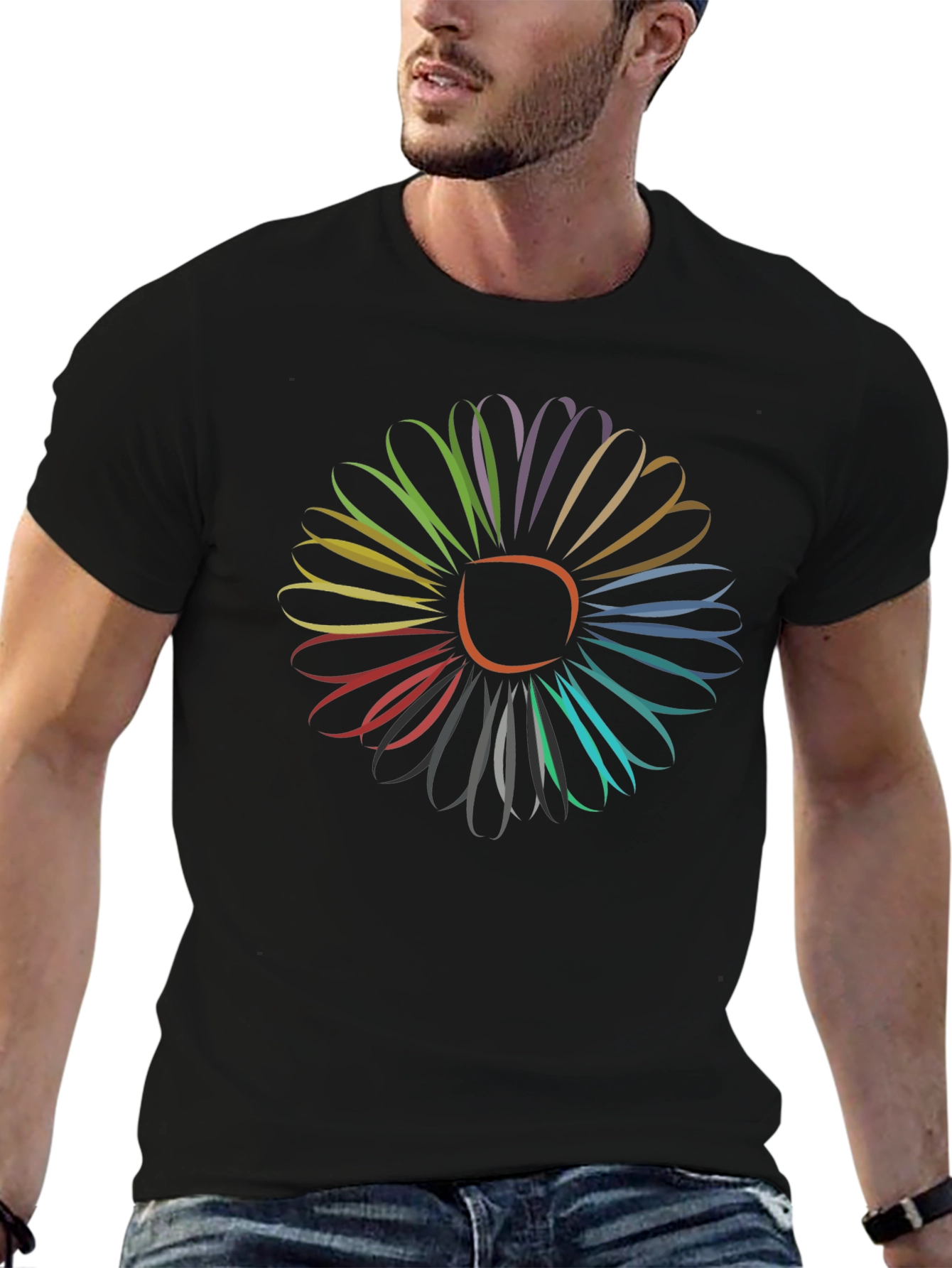 Black Vibrant Flower Graphic Tee - Stylish Men's Black T-Shirt view 6