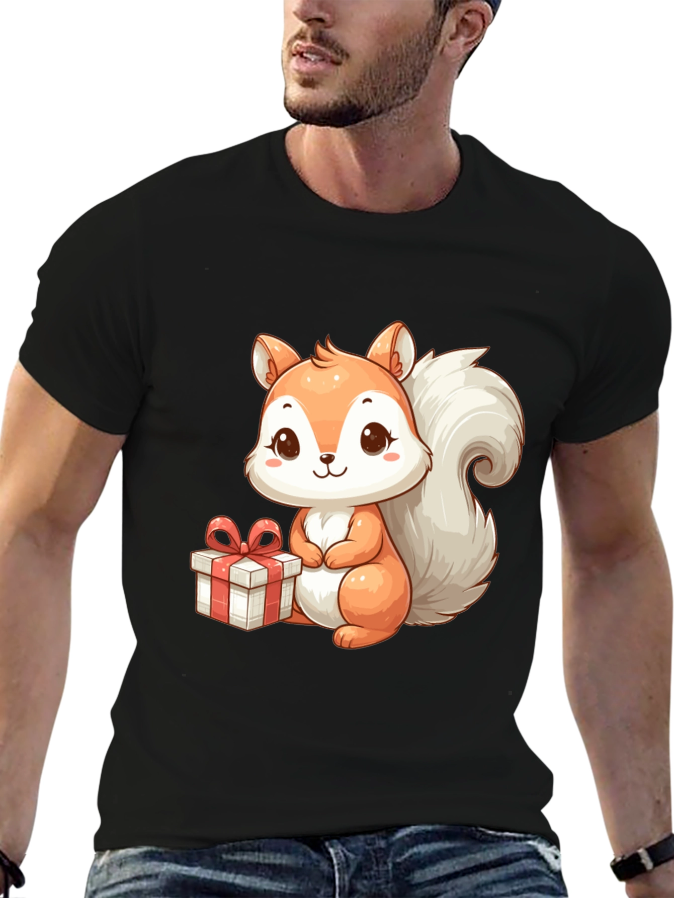 Black Cute Squirrel with Gift - Black T-Shirt view 6