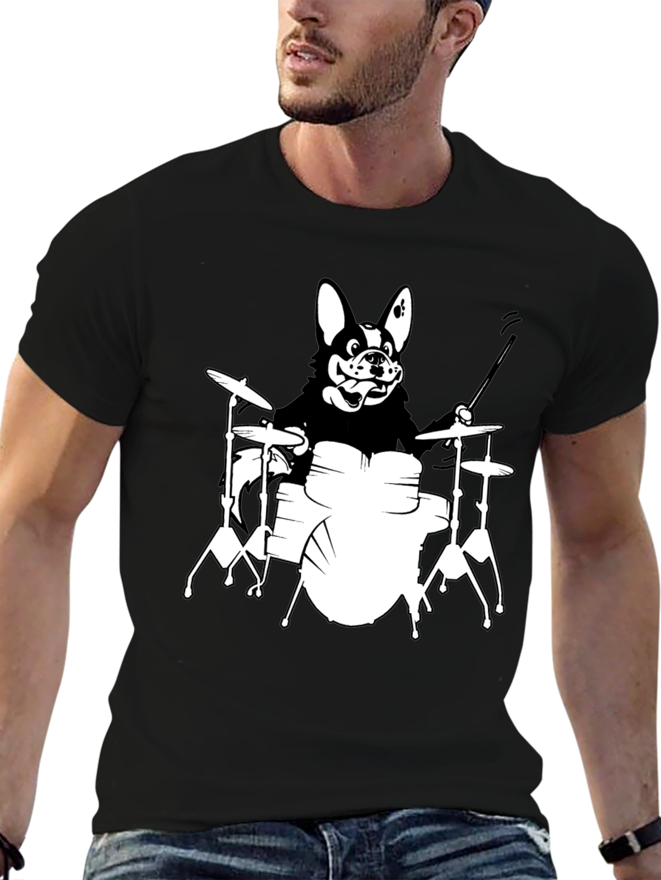 Black Dog Drummer Graphic T-Shirt - Black Unisex Tee view 6