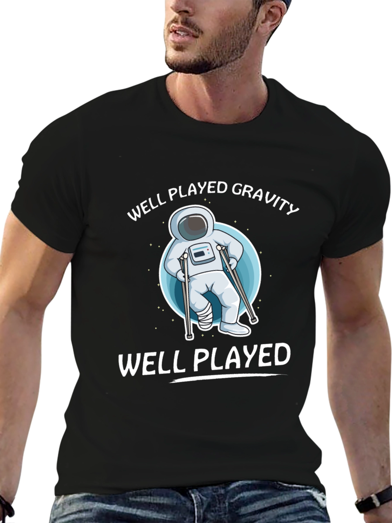 Black Well Played Gravity T-Shirt - Astronaut Humor Tee view 6