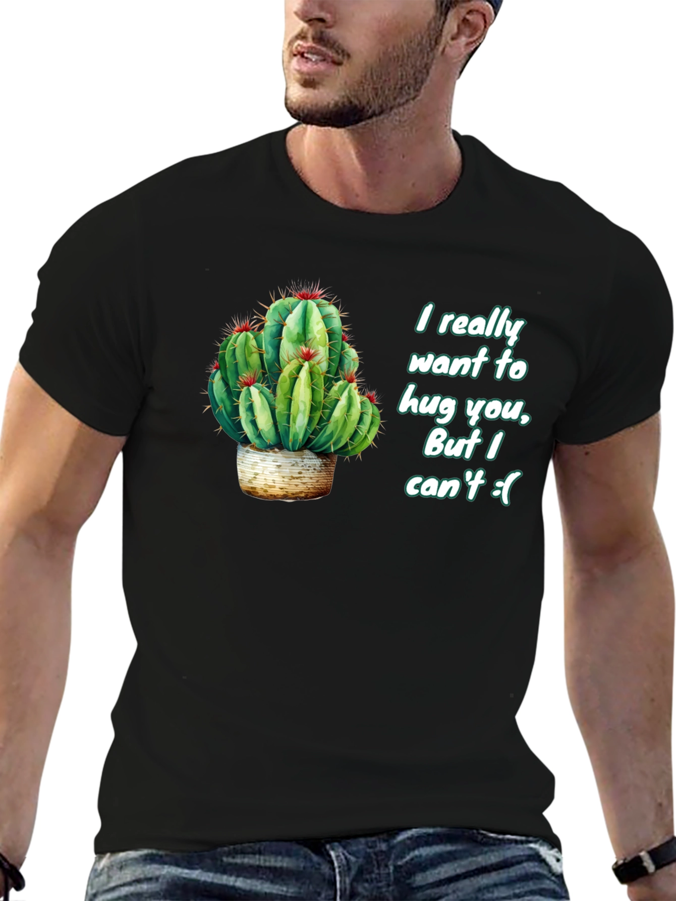 Black Cactus Hug Men's Black T-Shirt - Funny Graphic Tee view 6