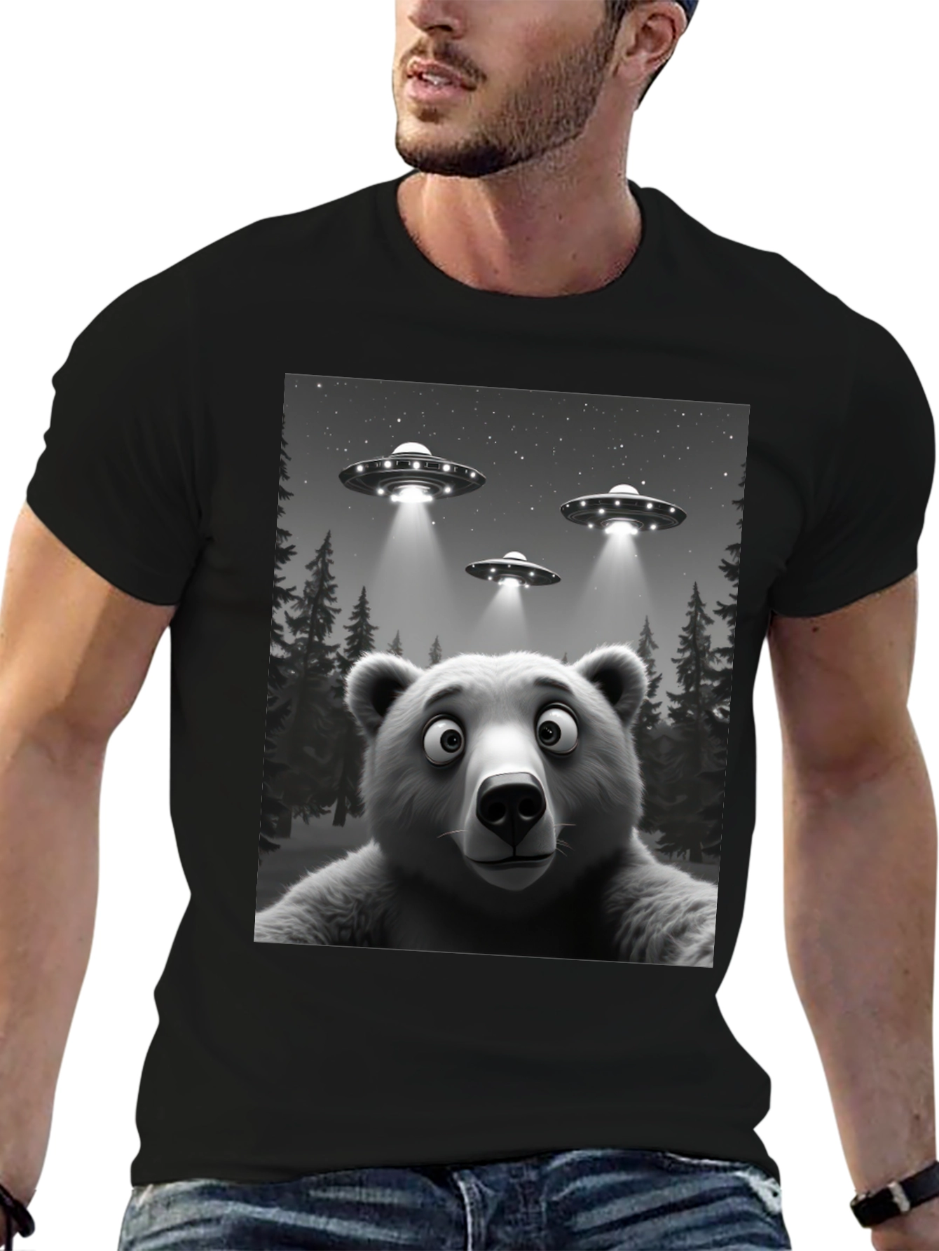 Black UFO Bear T-Shirt - Black Cotton Novelty Tee view 6
