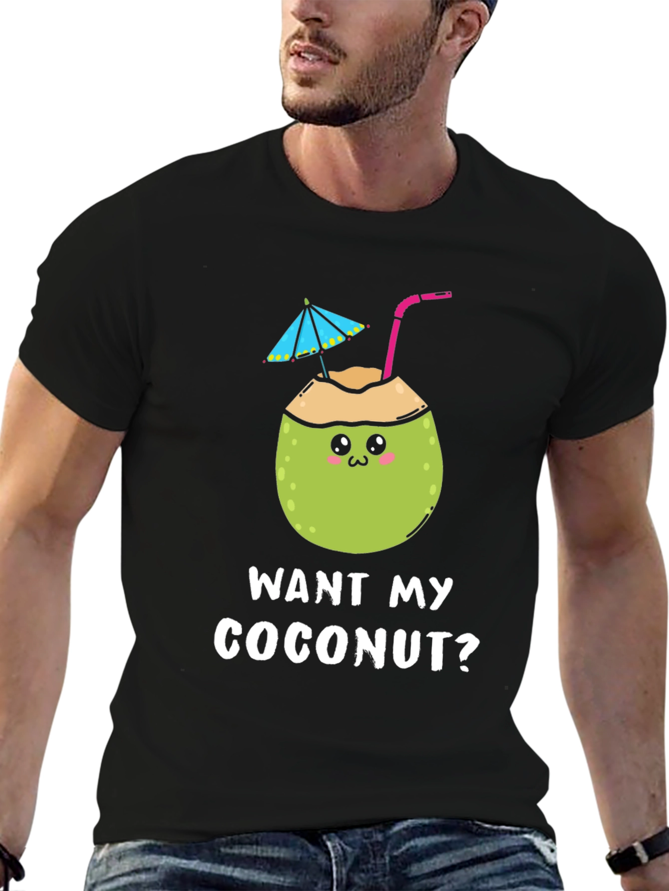 Black Want My Coconut? Novelty Graphic T-Shirt view 6