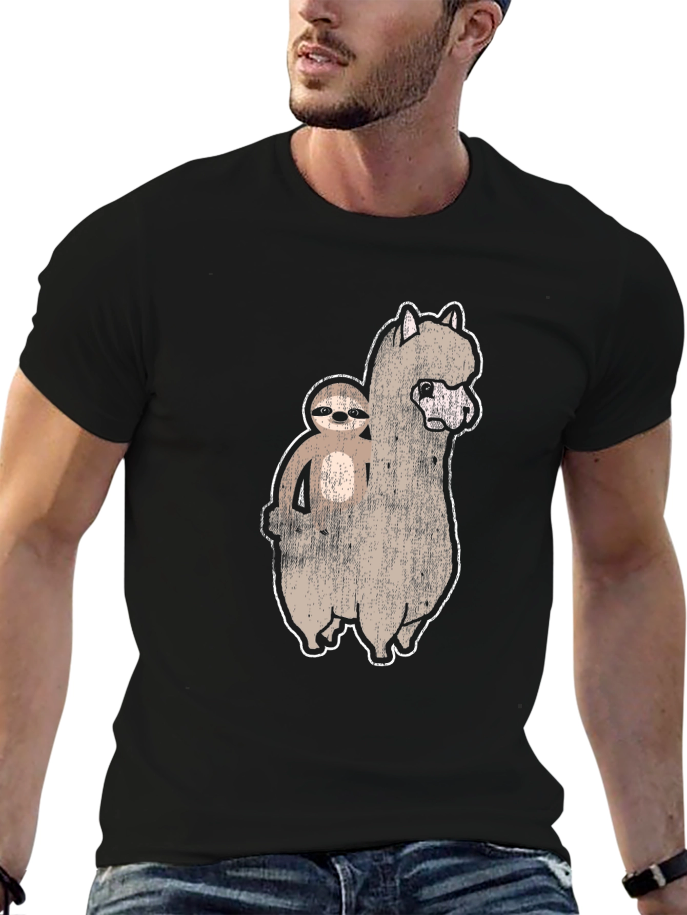 Black Sloth Riding Alpaca T-Shirt Funny Graphic Tee view 6