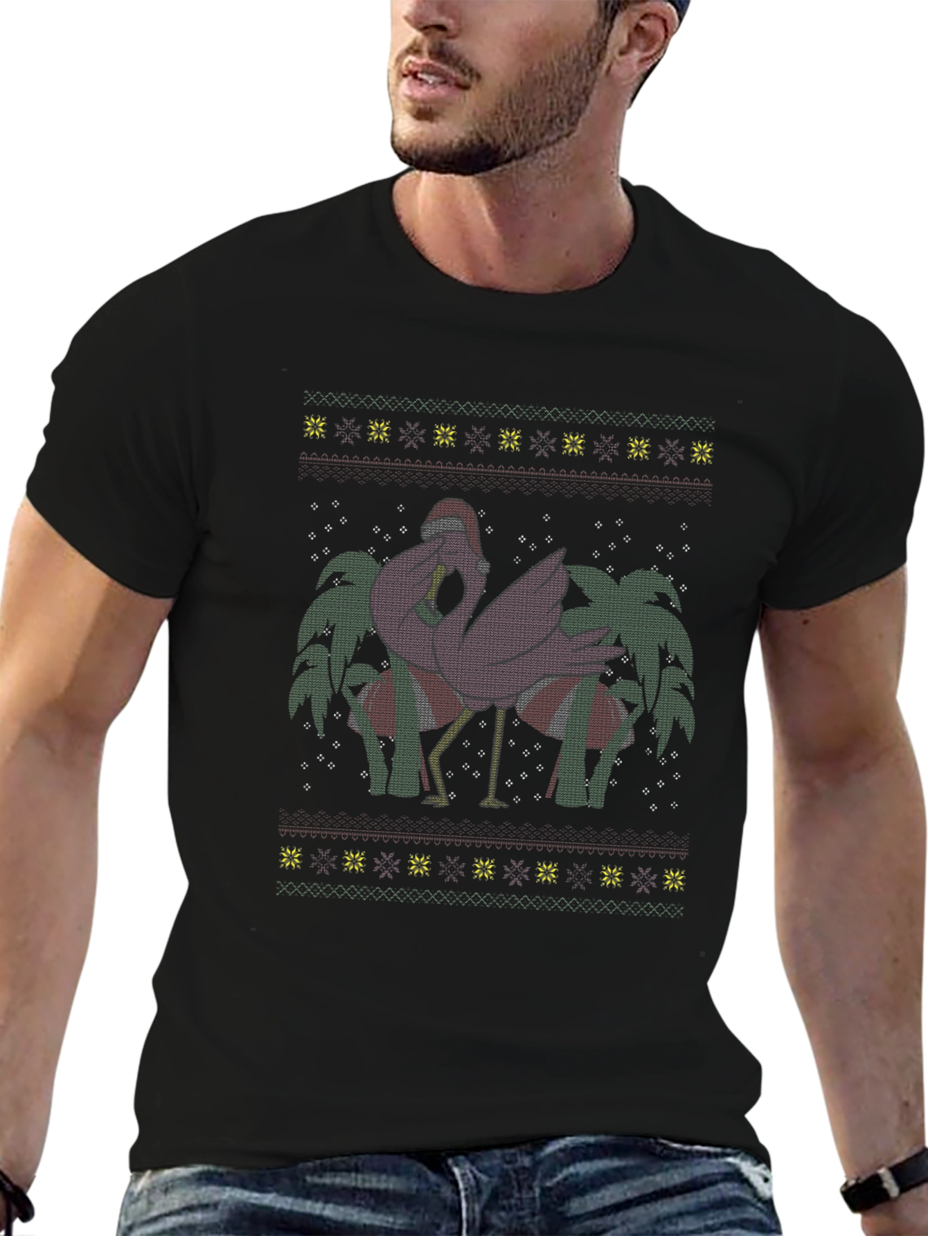 Black Festive Flamingo Christmas T-Shirt view 6