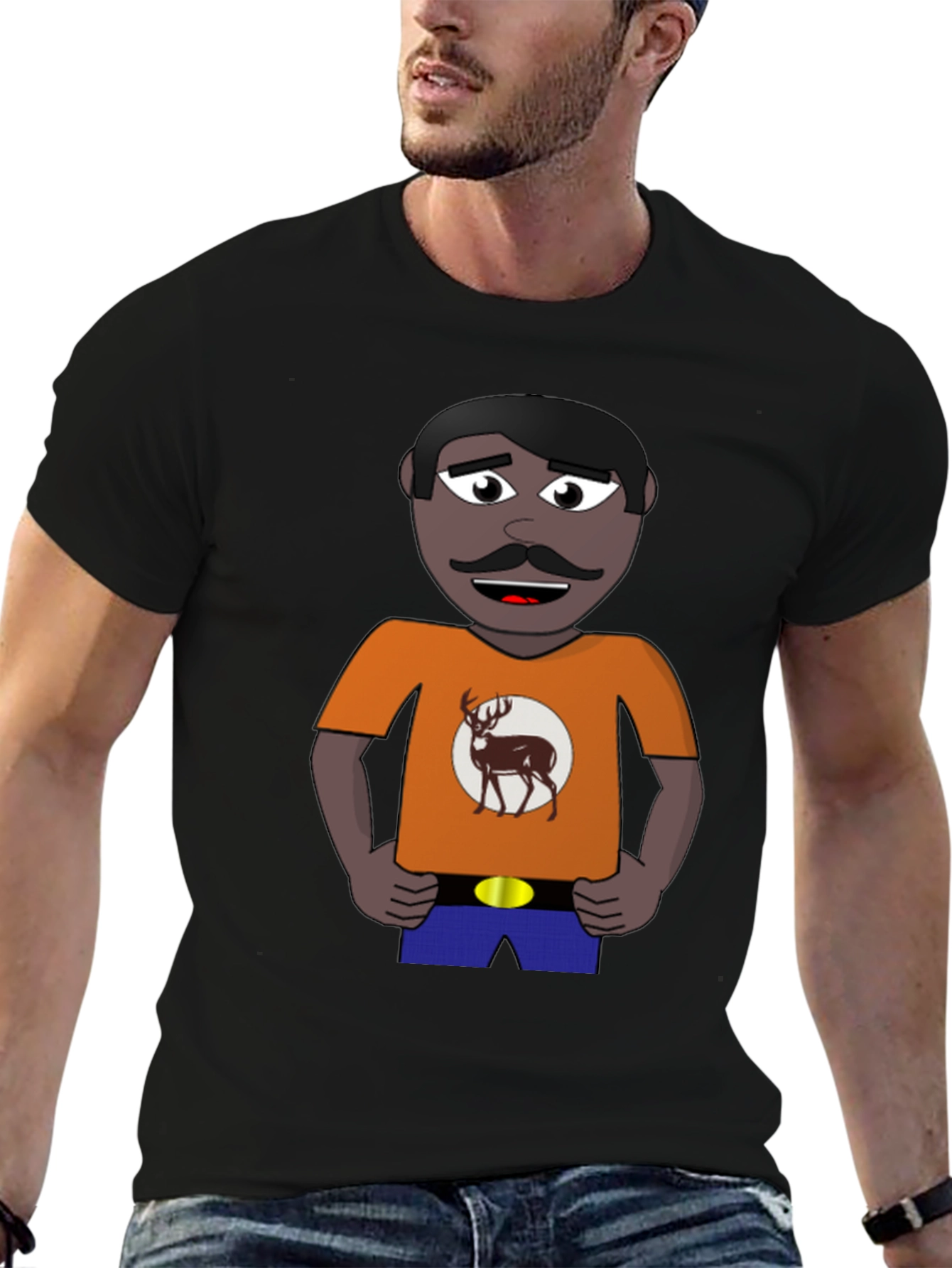 Black Cartoon Man with Deer Graphic T-Shirt view 6