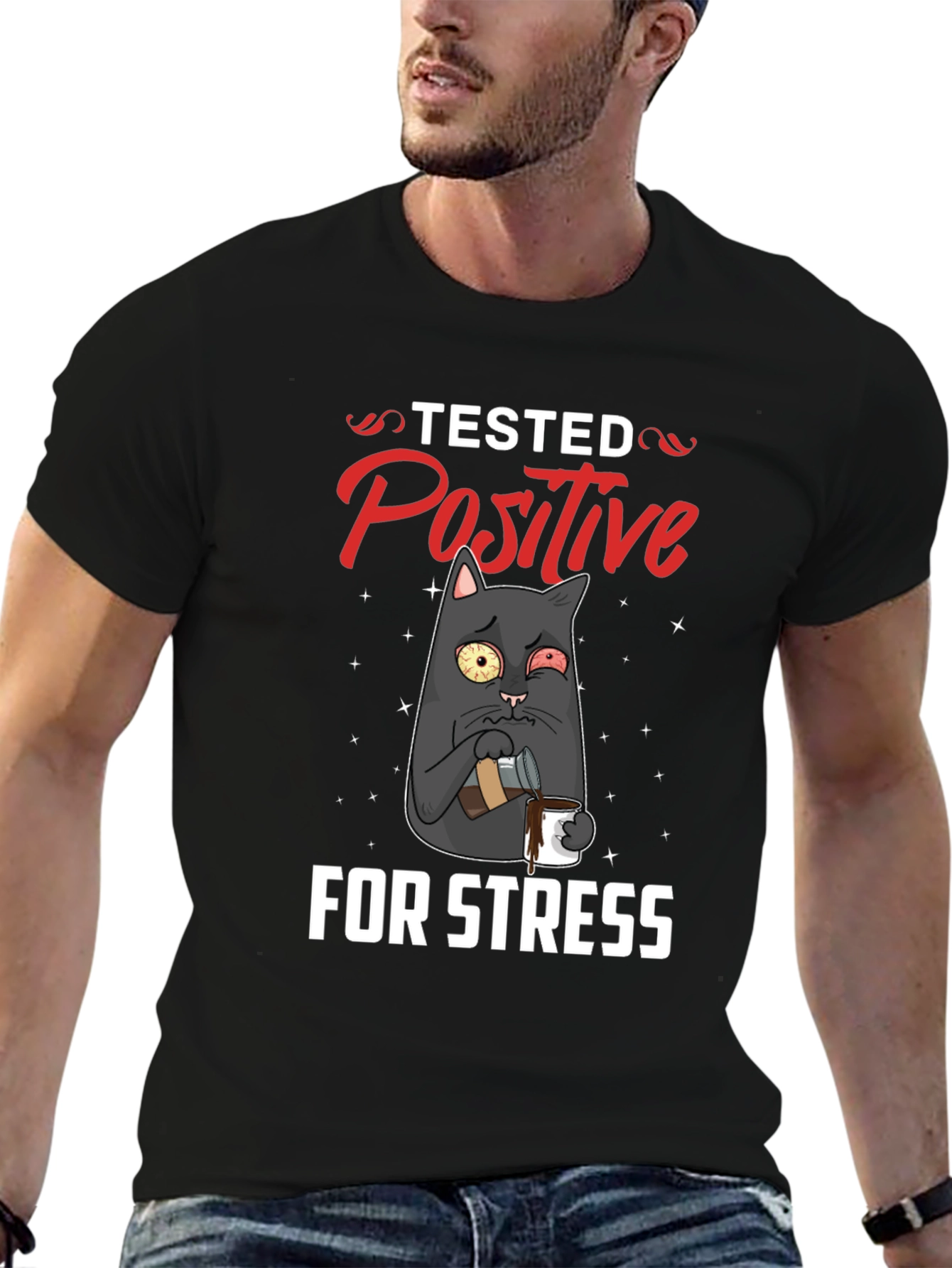 Black Stressed Cat T-Shirt - Tested Positive Design view 6