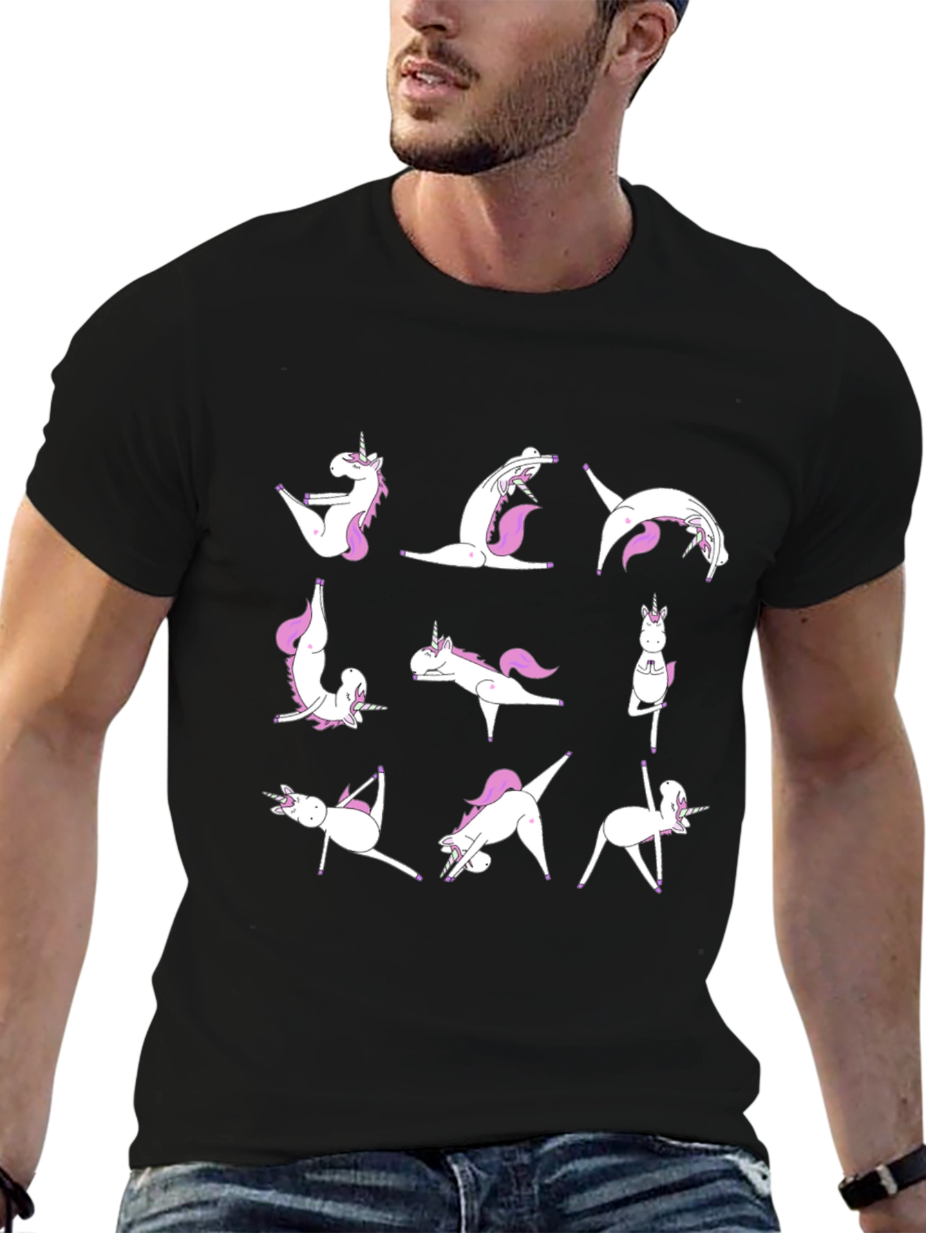 Black Unicorn Yoga Pose T-Shirt - Black Cotton Tee view 6