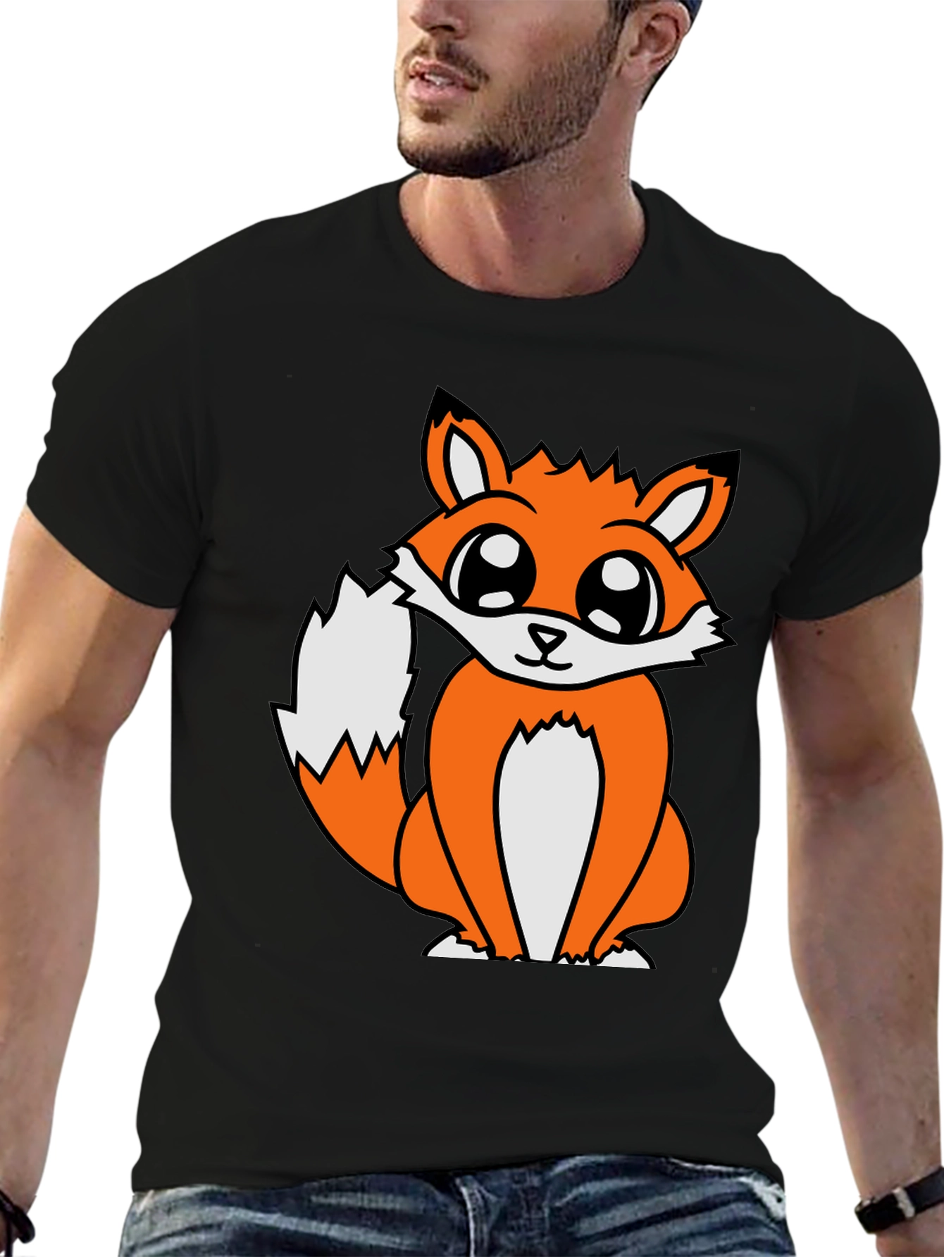 Black Cute Cartoon Fox Graphic T-Shirt - Black view 6
