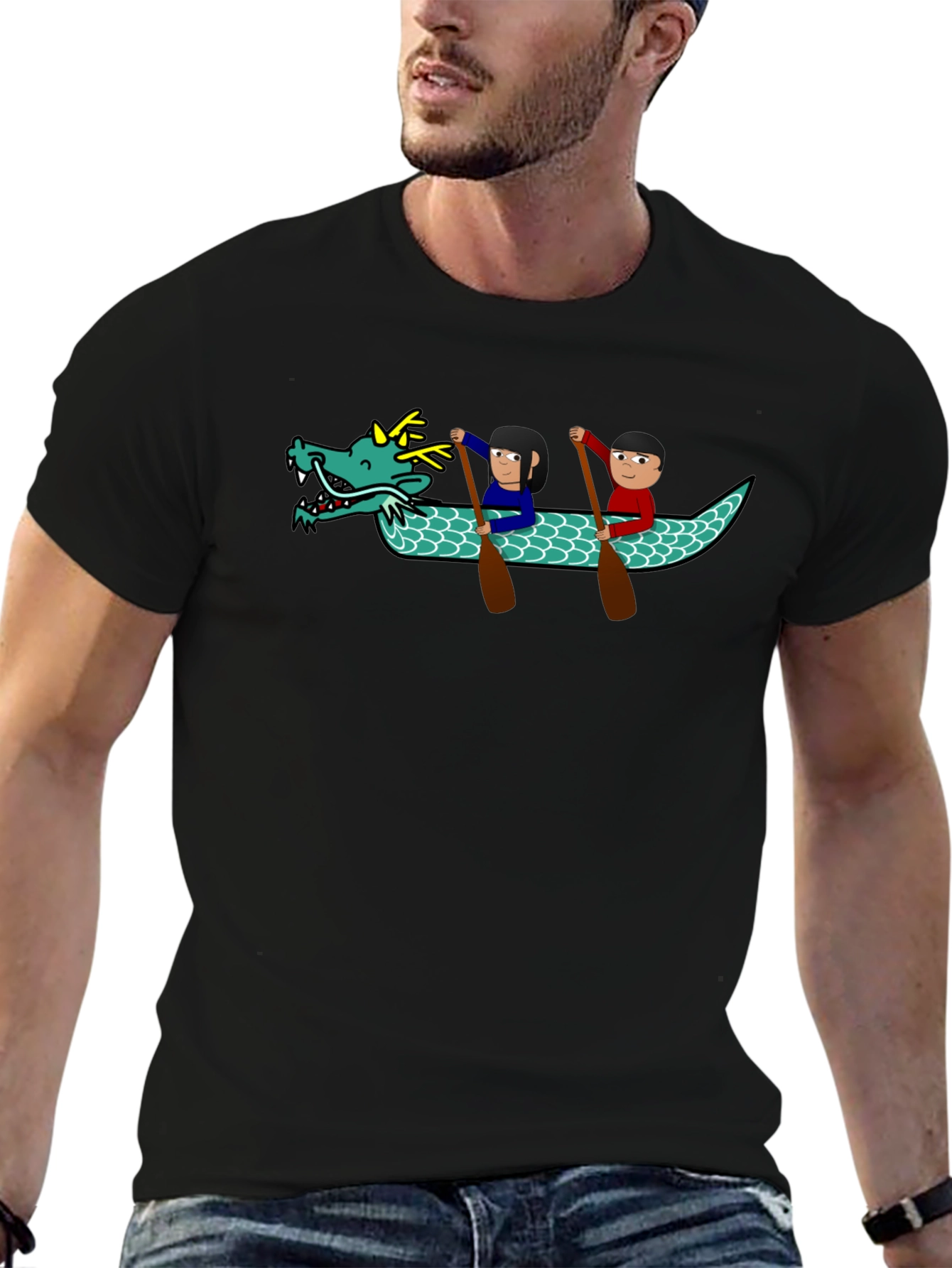 Black Dragon Boat Cartoon Graphic T-Shirt view 6